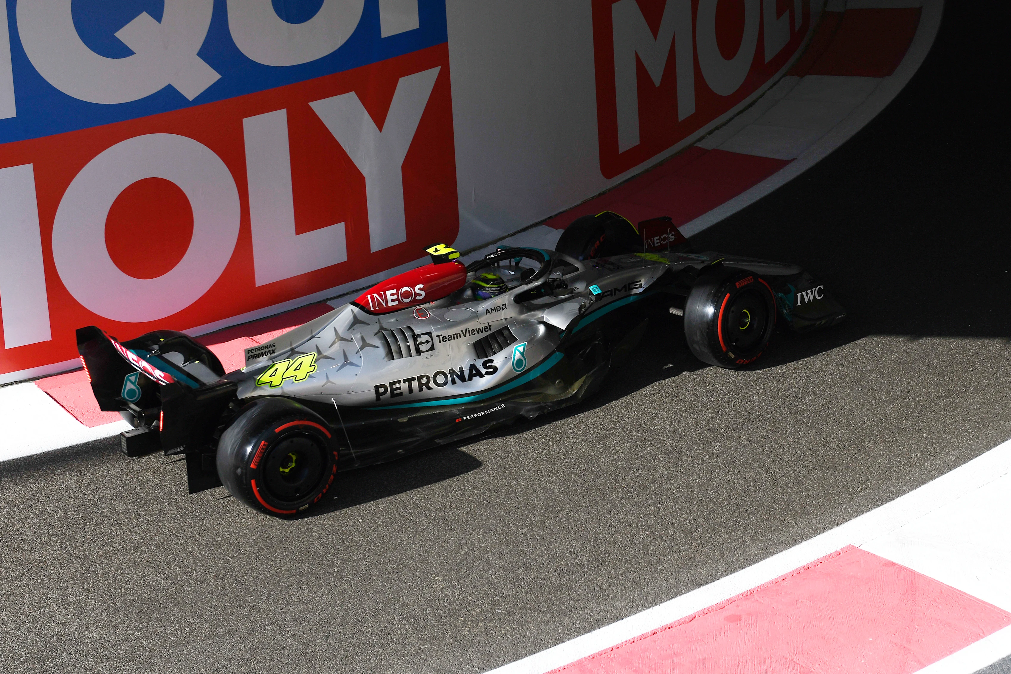 ABU DHABI, UNITED ARAB EMIRATES - NOVEMBER 18: Lewis Hamilton of Great Britain driving the (44) Mercedes AMG Petronas F1 Team W13 on track during practice ahead of the F1 Grand Prix of Abu Dhabi at Yas Marina Circuit on November 18, 2022 in Abu Dhabi, United Arab Emirates. (Photo by Rudy Carezzevoli/Getty Images)