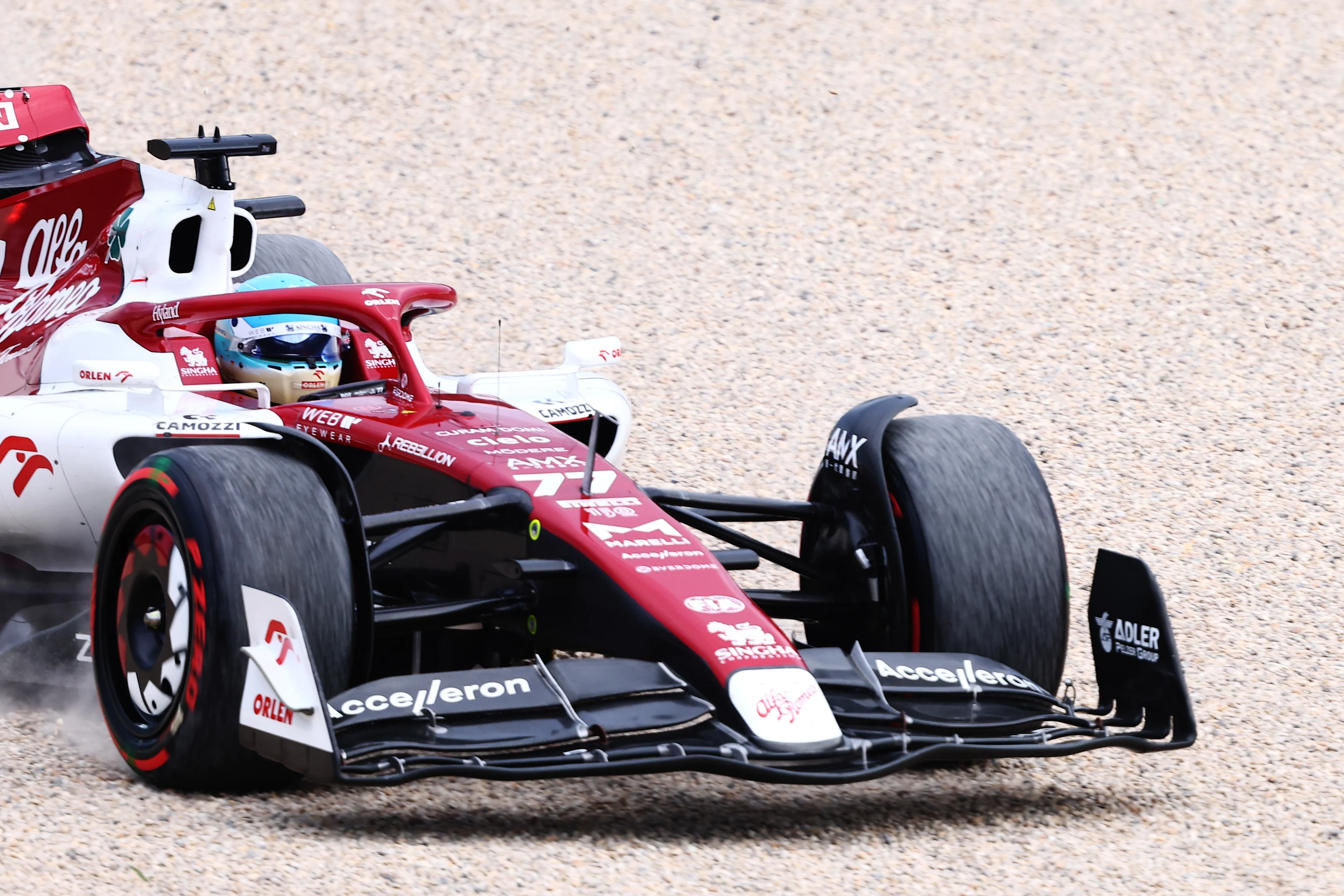 MELBOURNE, AUSTRALIA - APRIL 08: Valtteri Bottas of Finland driving the (77) Alfa Romeo F1 C42 Ferrari runs wide during practice ahead of the F1 Grand Prix of Australia at Melbourne Grand Prix Circuit on April 08, 2022 in Melbourne, Australia. (Photo by Bryn Lennon - Formula 1/Formula 1 via Getty Images)