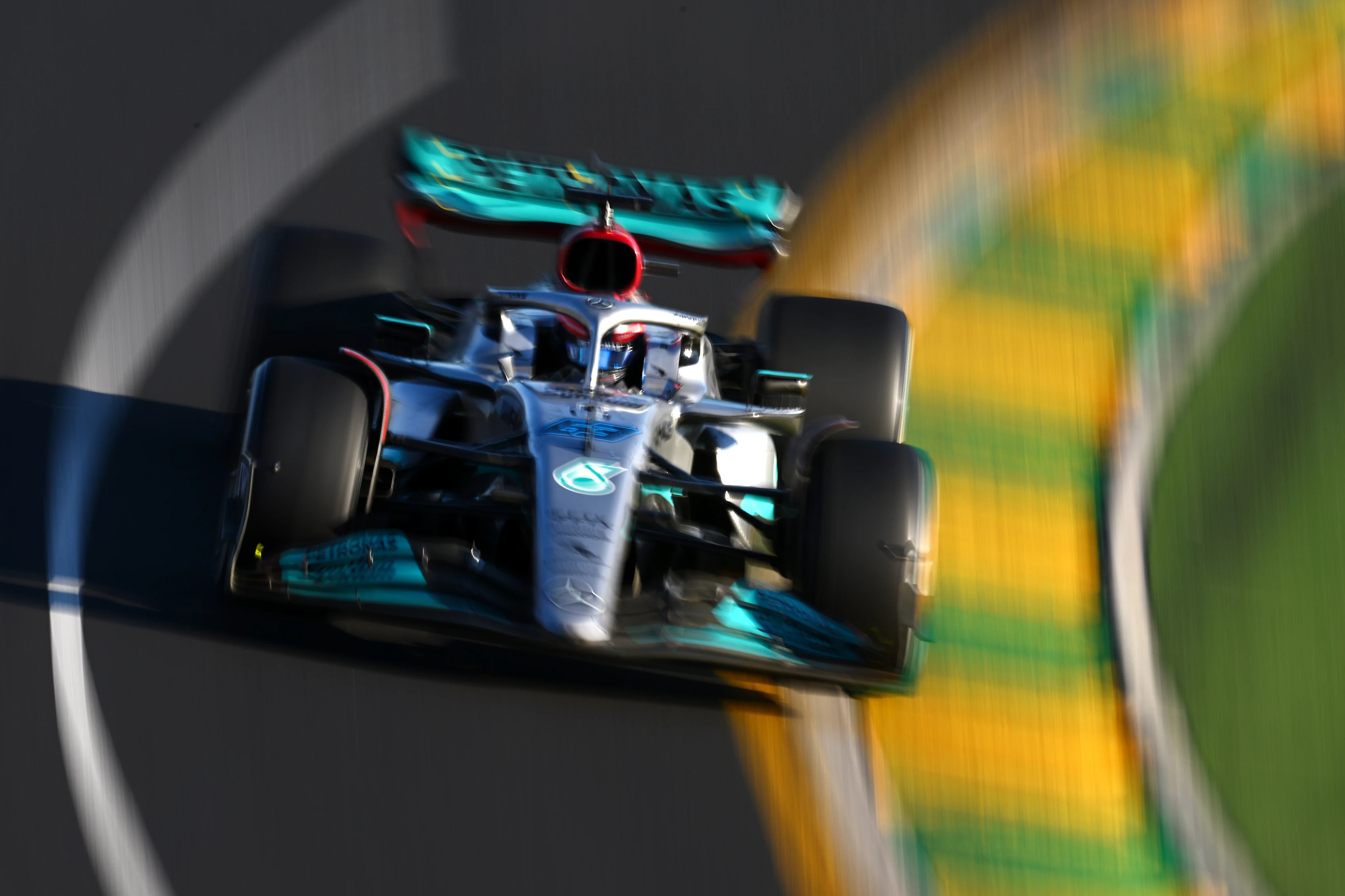 MELBOURNE, AUSTRALIA - APRIL 10: George Russell of Great Britain driving the (63) Mercedes AMG