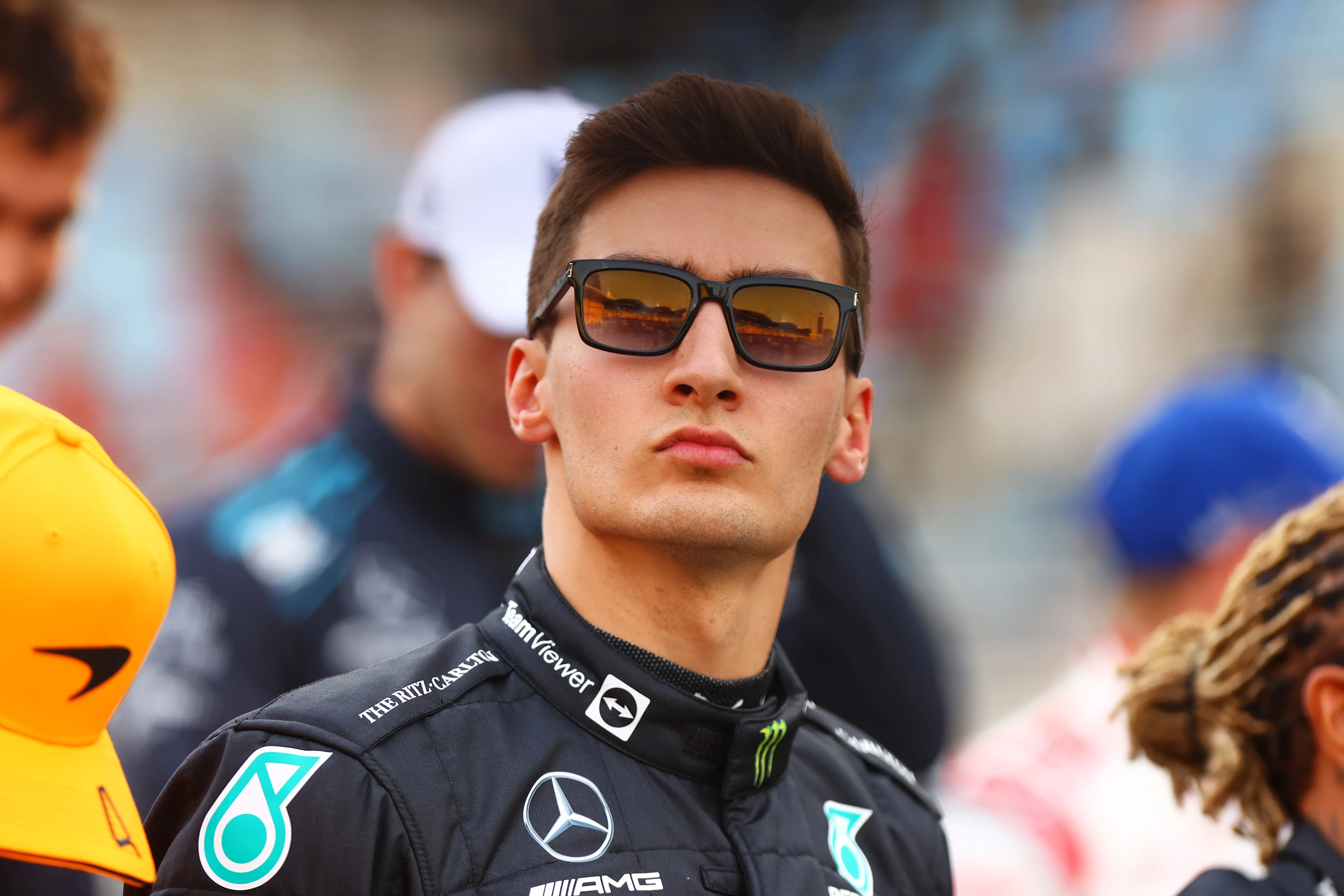 BAHRAIN, BAHRAIN - MARCH 20: George Russell of Great Britain and Mercedes looks on prior to the F1