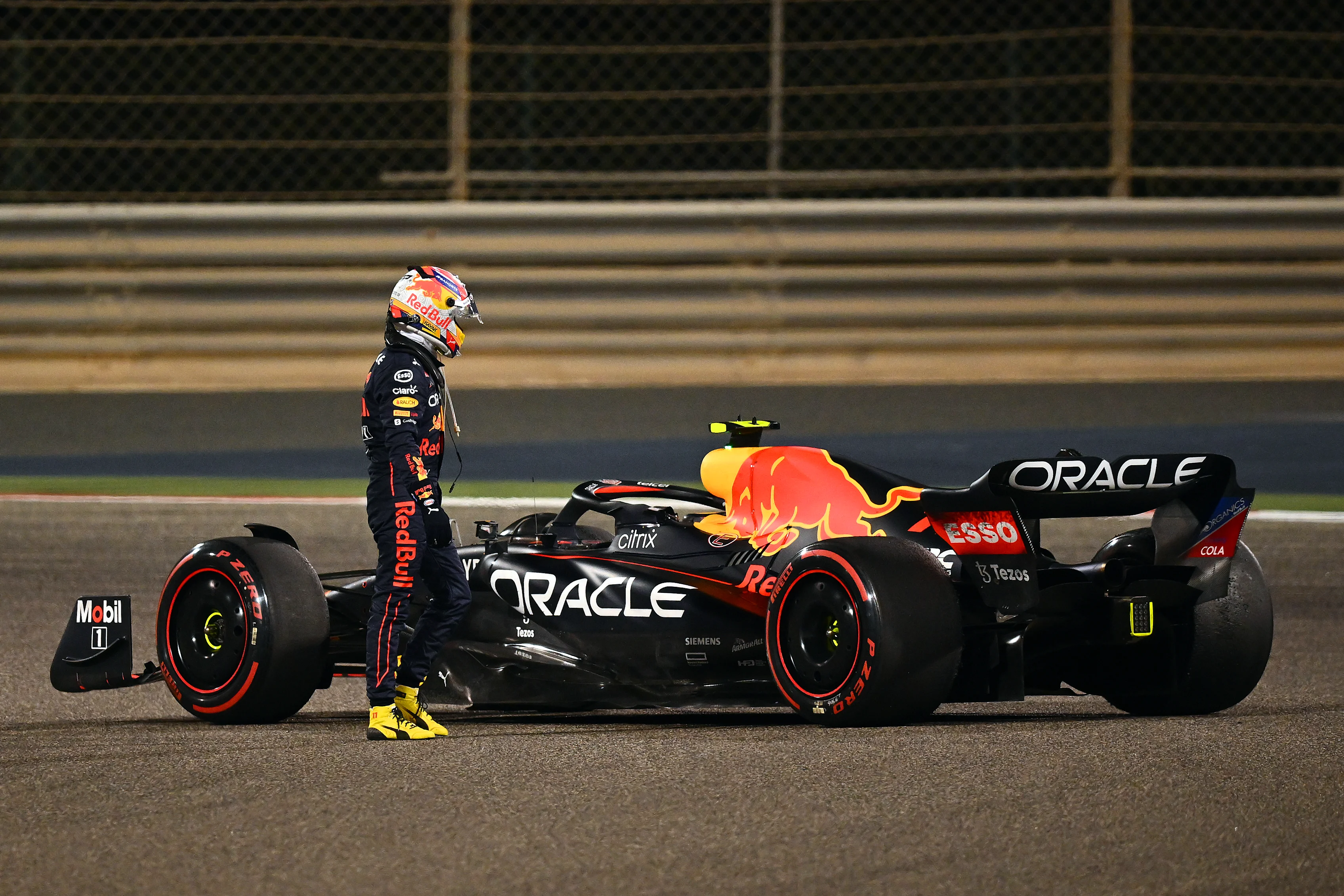 BAHRAIN, BAHRAIN - MARCH 20: Sergio Perez of Mexico and Oracle Red Bull Racing retires from the race during the F1 Grand Prix of Bahrain at Bahrain International Circuit on March 20, 2022 in Bahrain, Bahrain. (Photo by Clive Mason/Getty Images)
