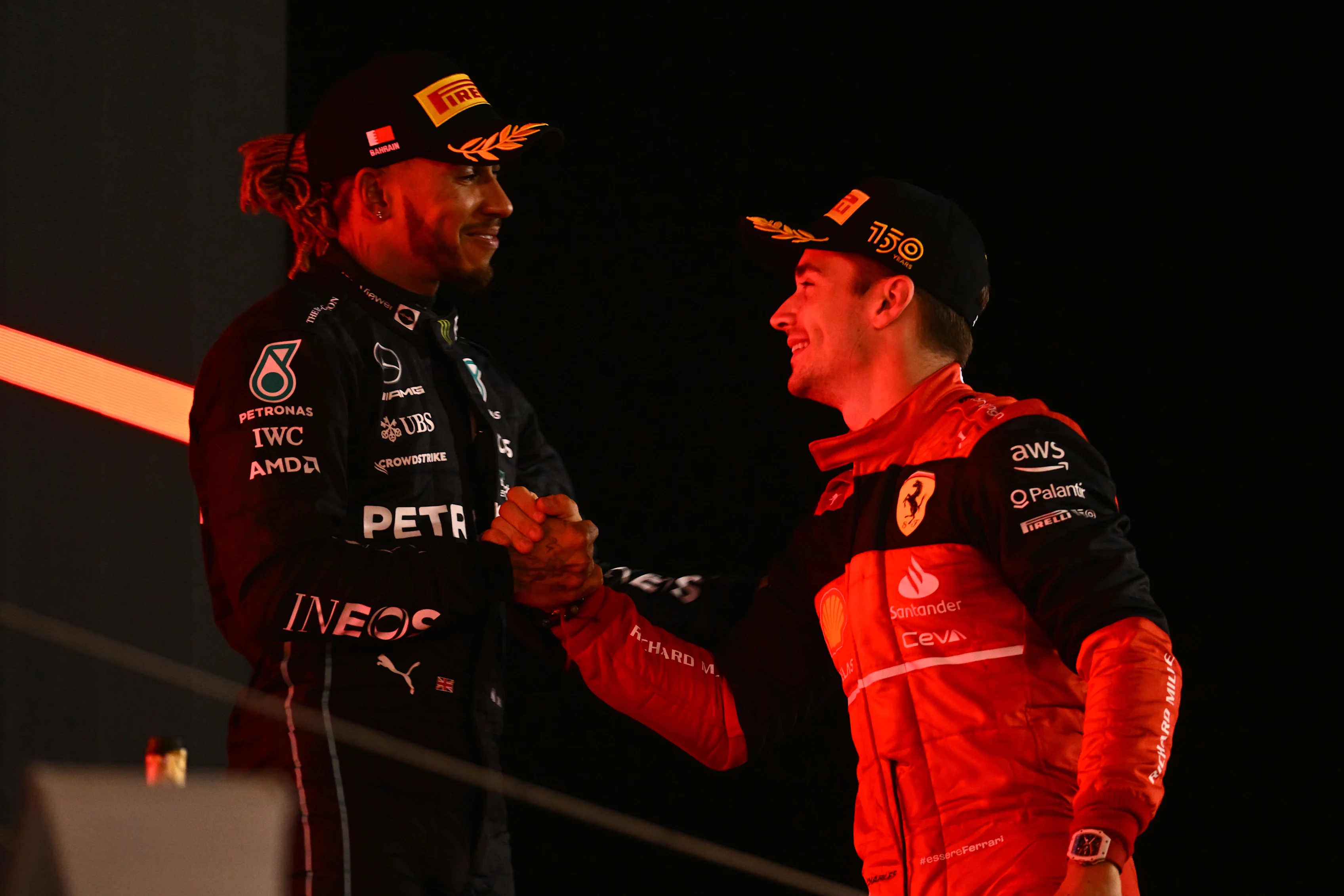 BAHRAIN, BAHRAIN - MARCH 20: Race winner Charles Leclerc of Monaco and Ferrari and Third placed