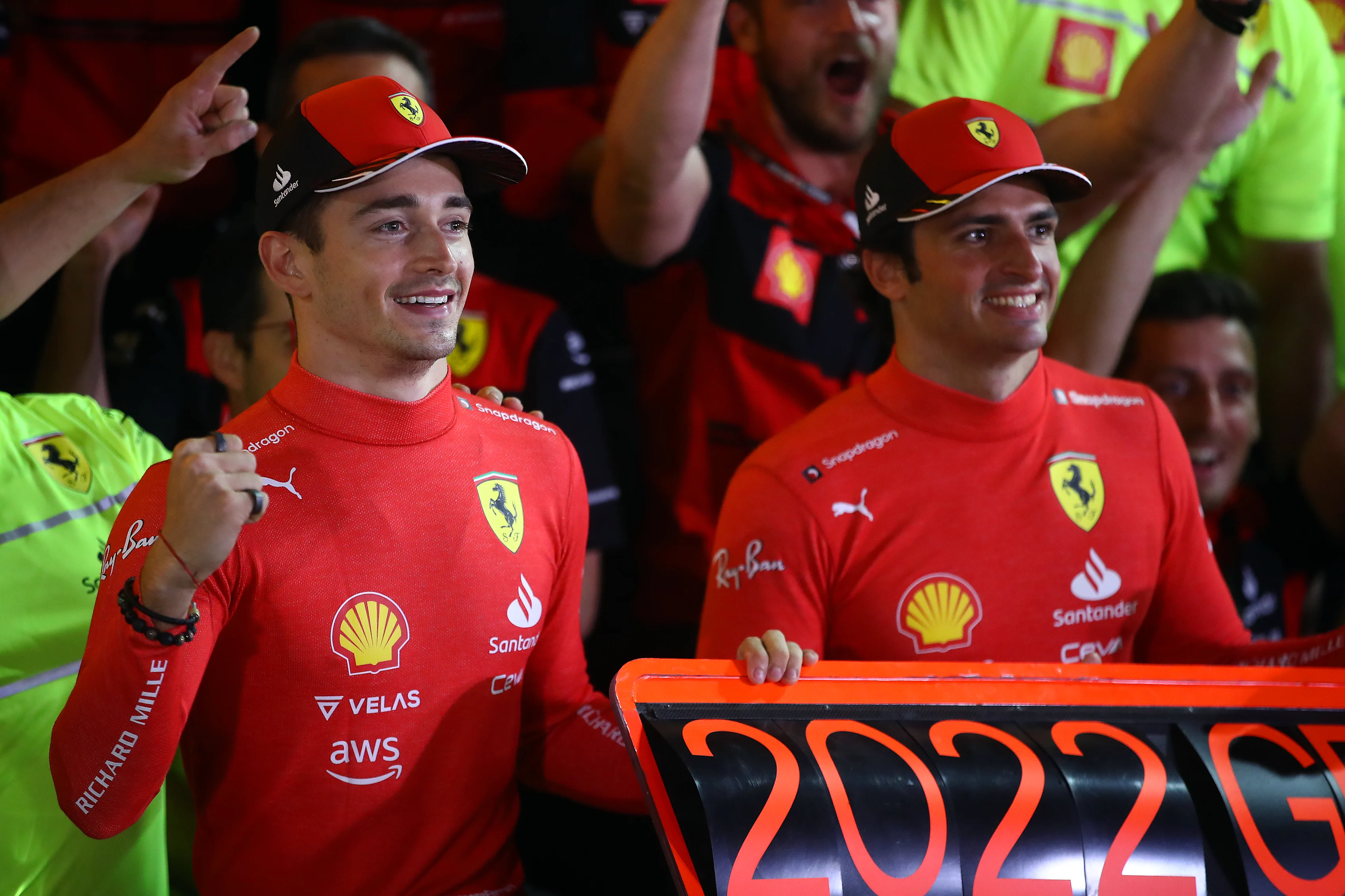 BAHRAIN, BAHRAIN - MARCH 20: Race winner Charles Leclerc of Monaco and Ferrari and Second placed