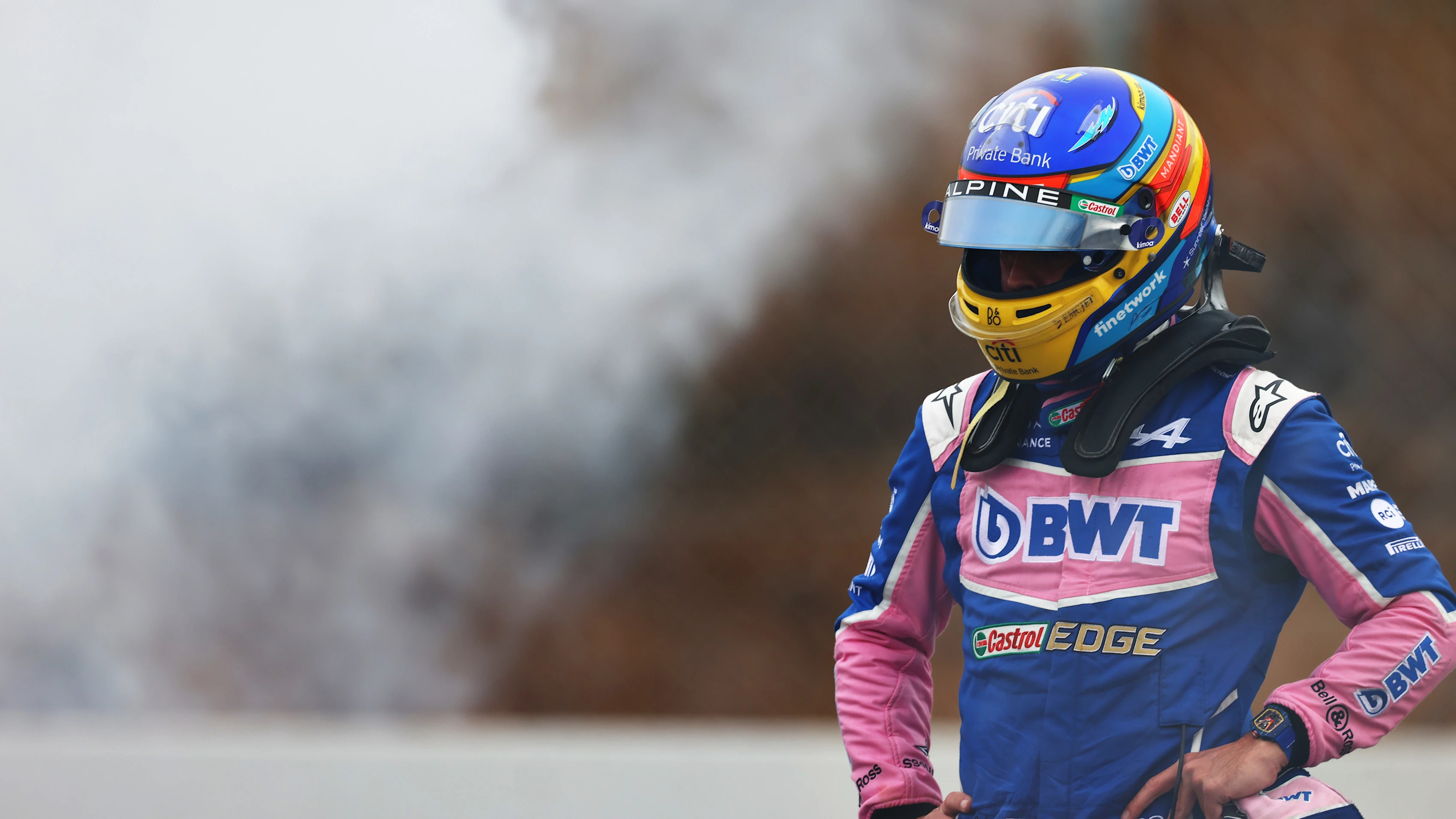 BARCELONA, SPAIN - FEBRUARY 25: Fernando Alonso of Spain and Alpine F1 looks on after stopping on