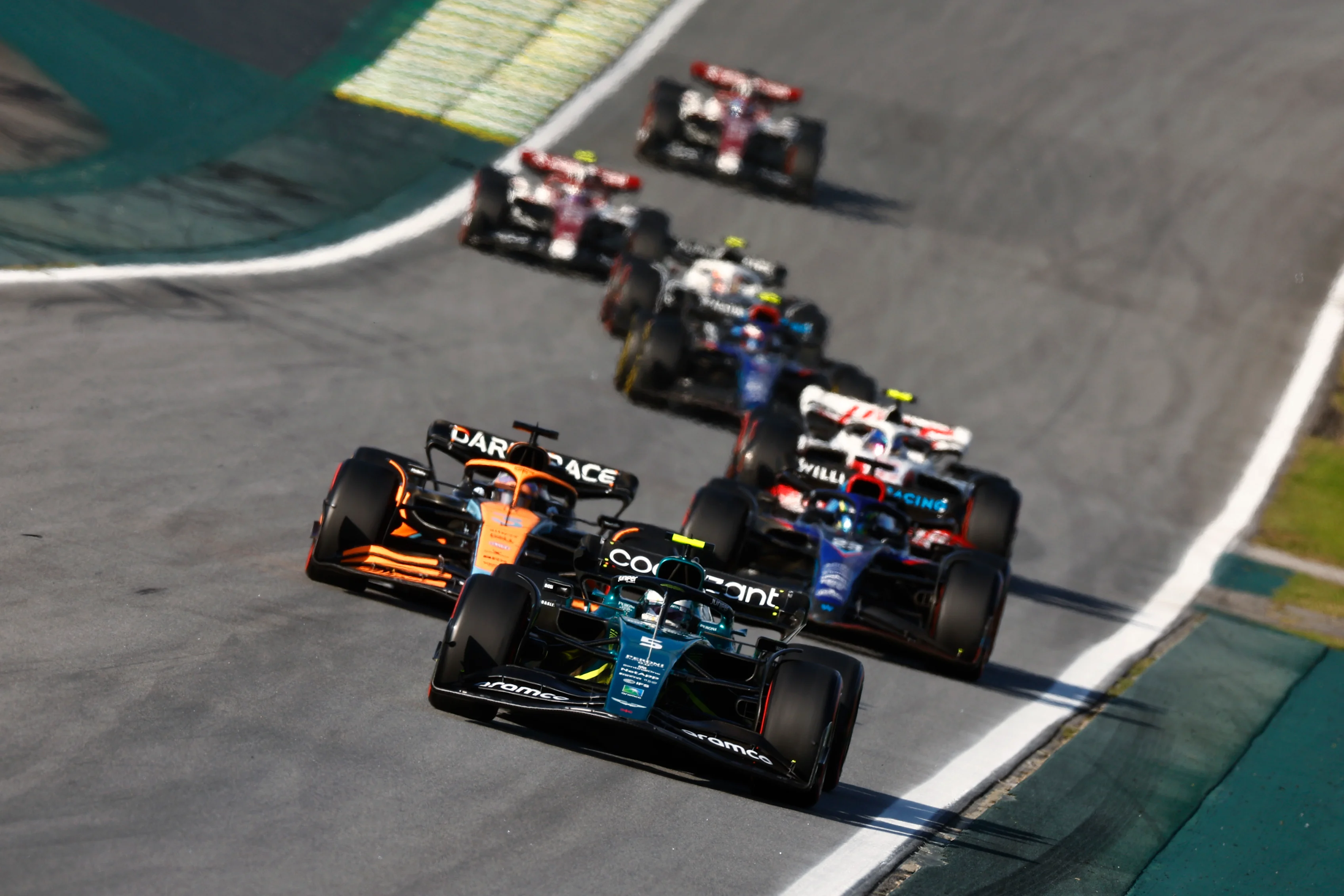 SAO PAULO, BRAZIL - NOVEMBER 12: Sebastian Vettel of Germany driving the (5) Aston Martin AMR22