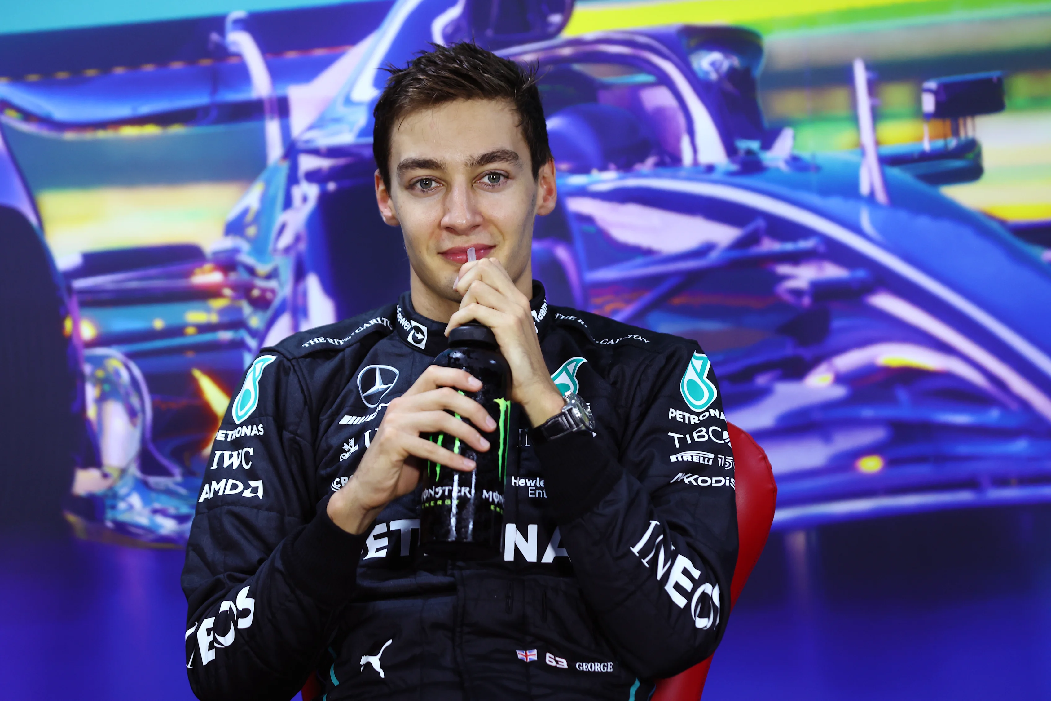 SAO PAULO, BRAZIL - NOVEMBER 12: Sprint winner George Russell of Great Britain and Mercedes talks in a press conference after the Sprint ahead of the F1 Grand Prix of Brazil at Autodromo Jose Carlos Pace on November 12, 2022 in Sao Paulo, Brazil. (Photo by Dan Istitene/Getty Images)