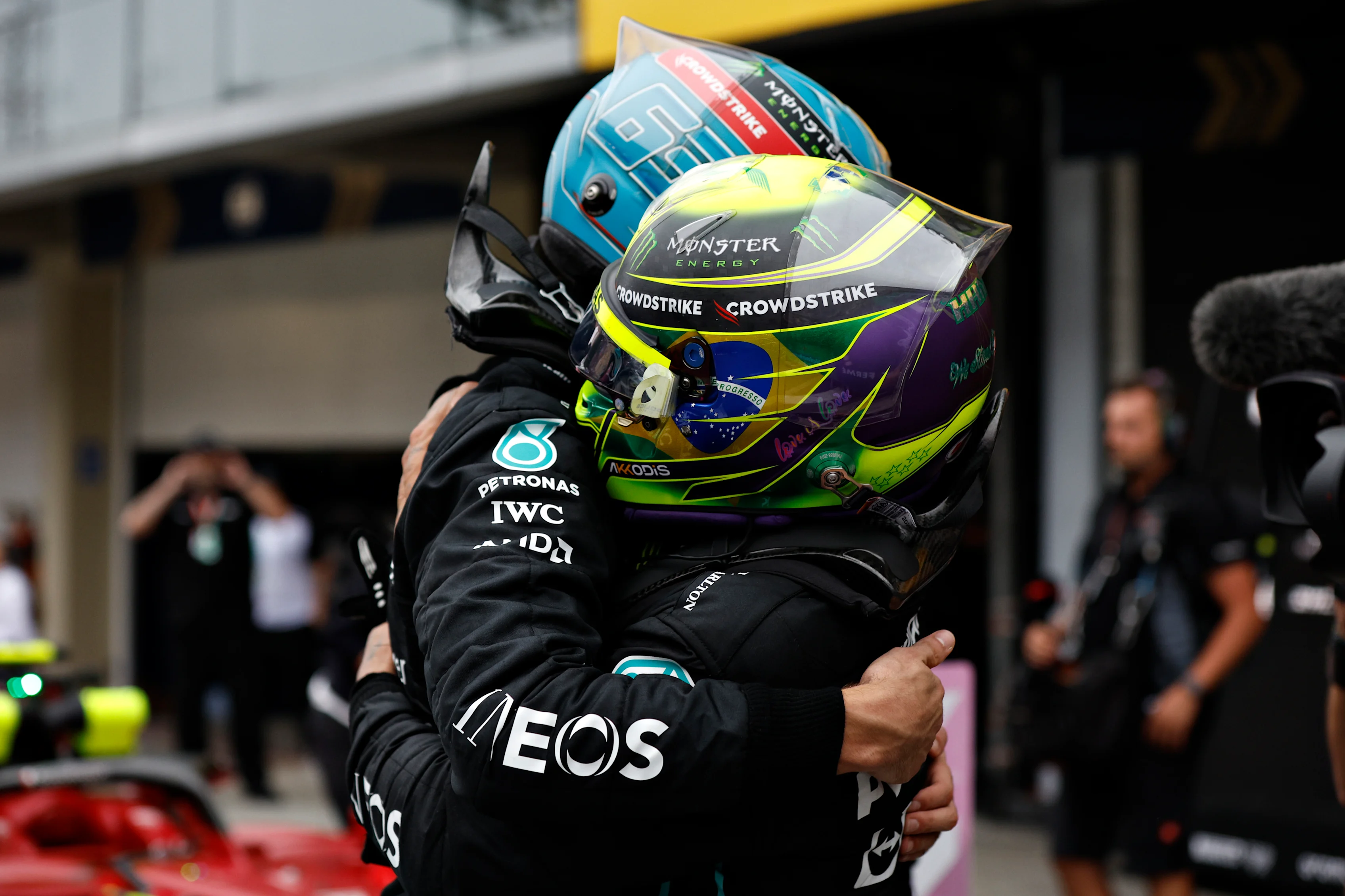 SAO PAULO, BRAZIL - NOVEMBER 13: Race winner George Russell of Great Britain and Mercedes and
