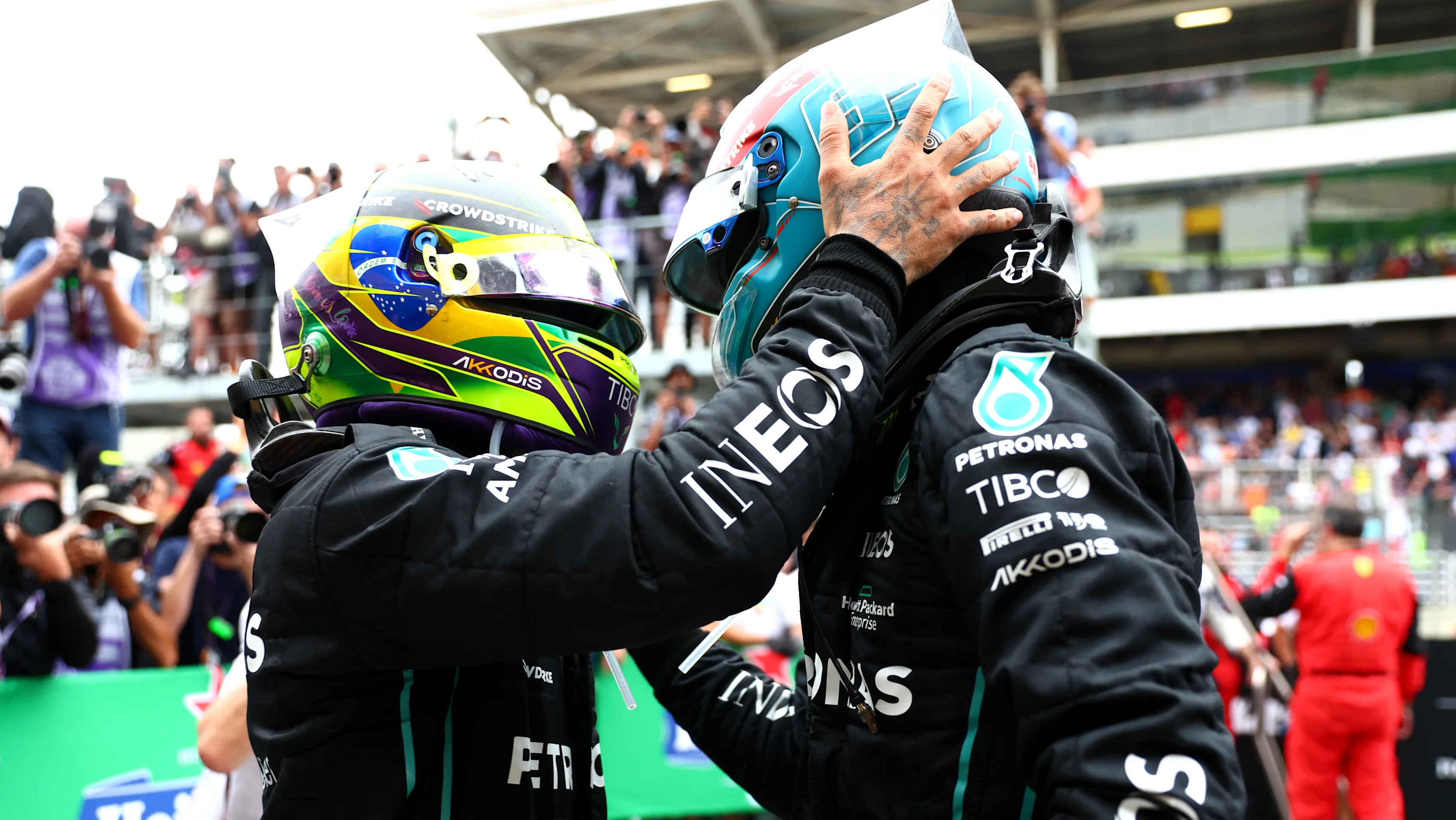 SAO PAULO, BRAZIL - NOVEMBER 13: Race winner George Russell of Great Britain and Mercedes and