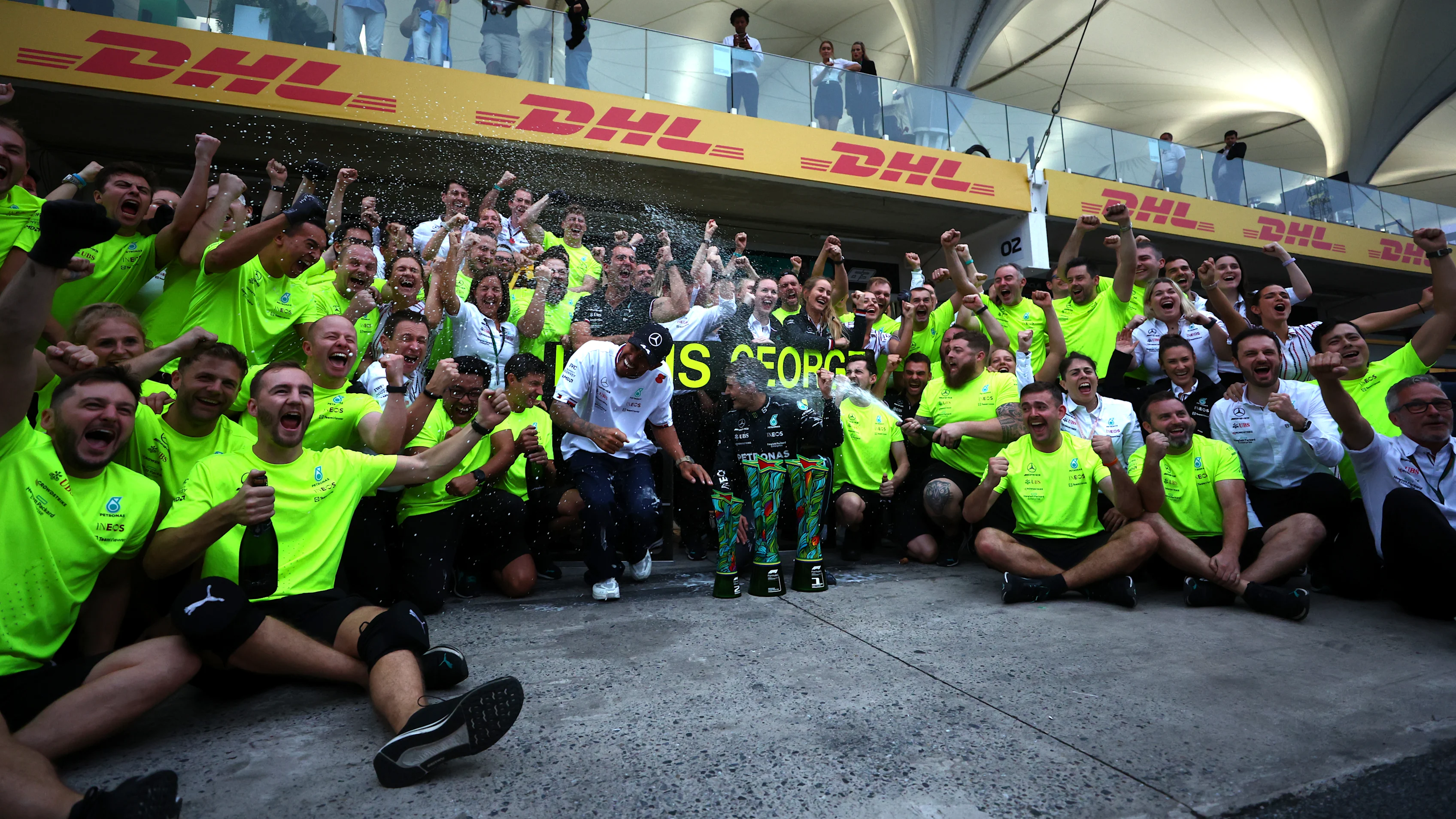 SAO PAULO, BRAZIL - NOVEMBER 13: Race winner George Russell of Great Britain and Mercedes and