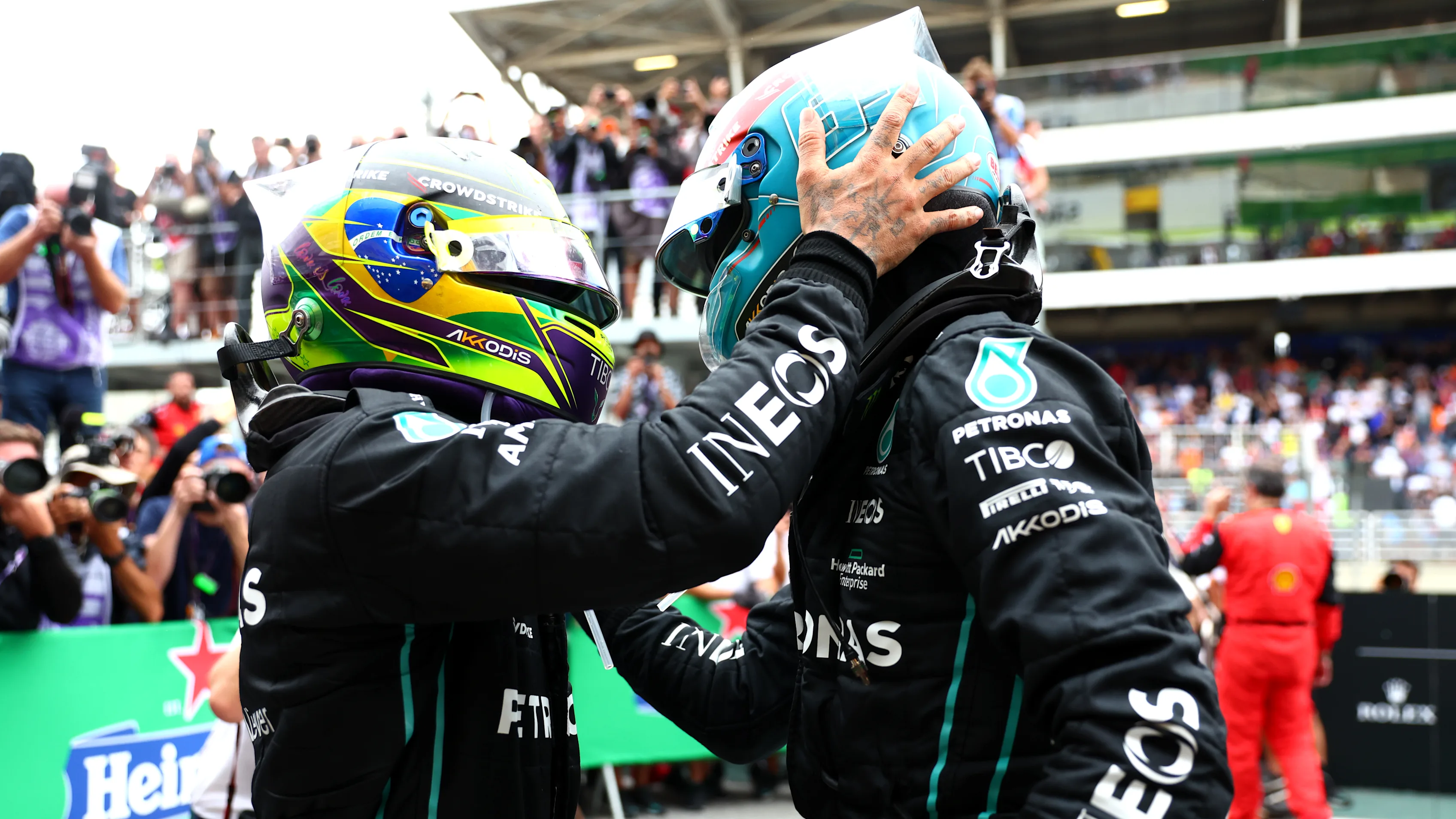 SAO PAULO, BRAZIL - NOVEMBER 13: Race winner George Russell of Great Britain and Mercedes and