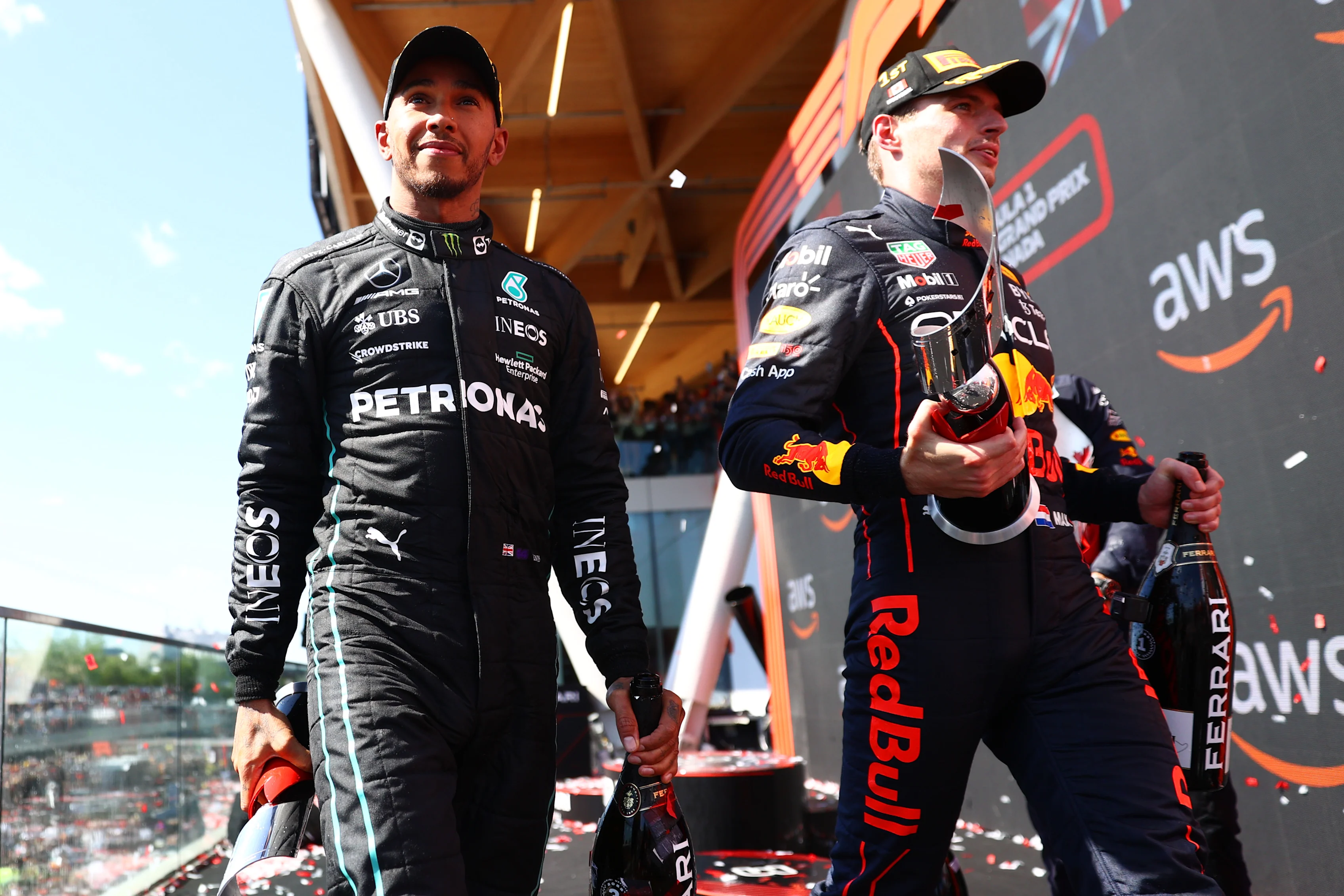 MONTREAL, QUEBEC - JUNE 19: Third placed Lewis Hamilton of Great Britain and Mercedes celebrates on