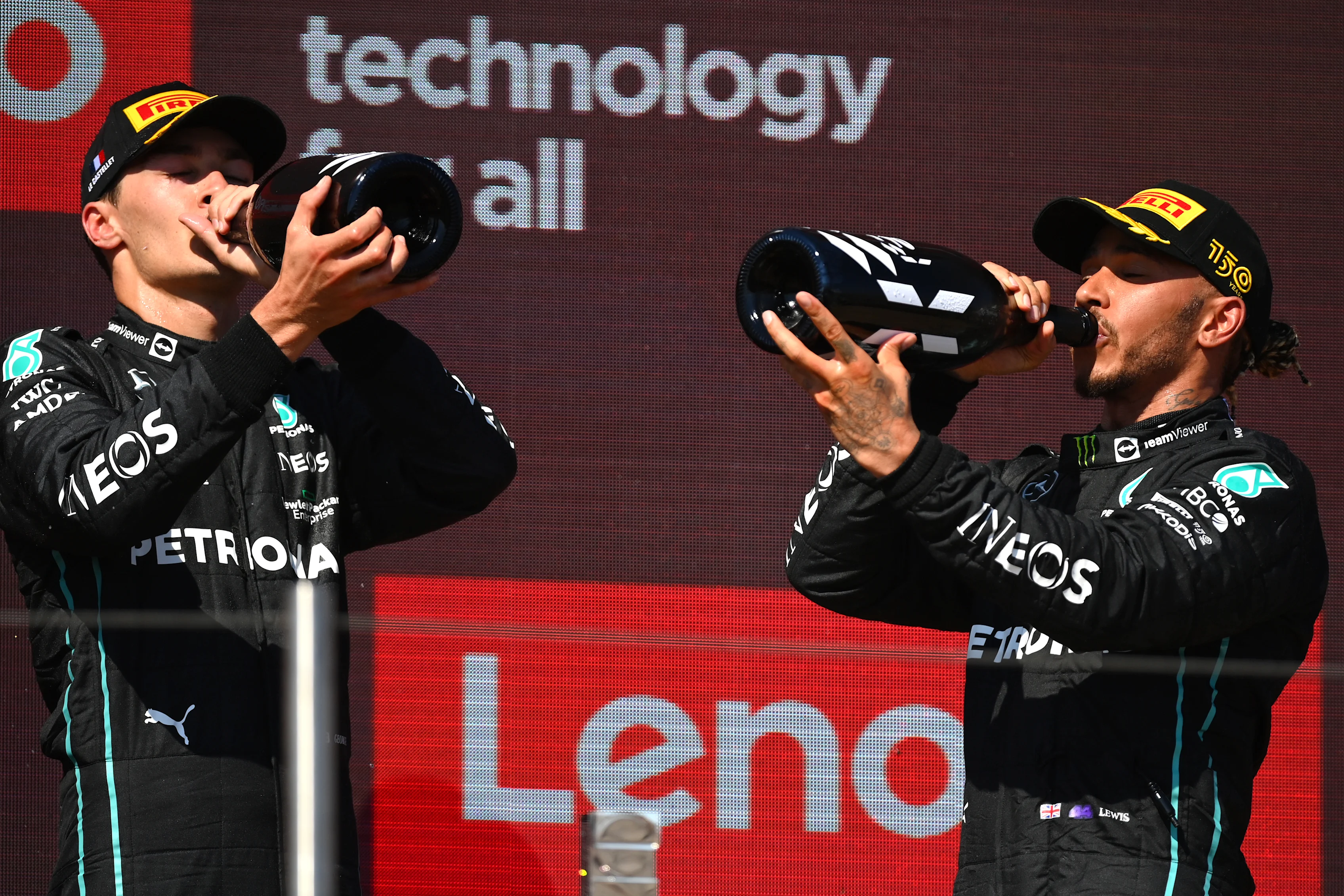 LE CASTELLET, FRANCE - JULY 24: Second placed Lewis Hamilton of Great Britain and Mercedes and