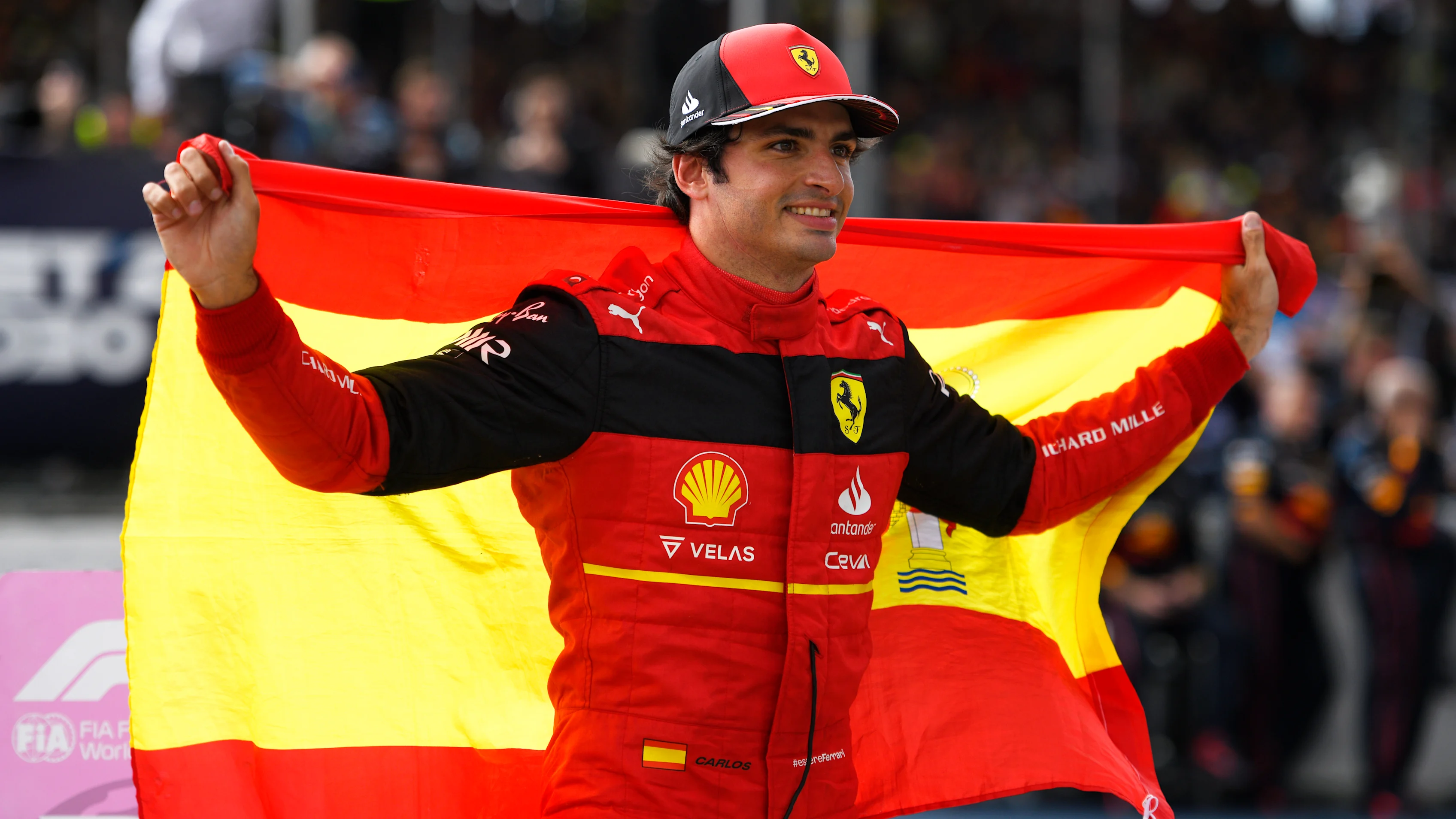 NORTHAMPTON, ENGLAND - JULY 03: Race winner Carlos Sainz of Spain and Ferrari celebrates in parc
