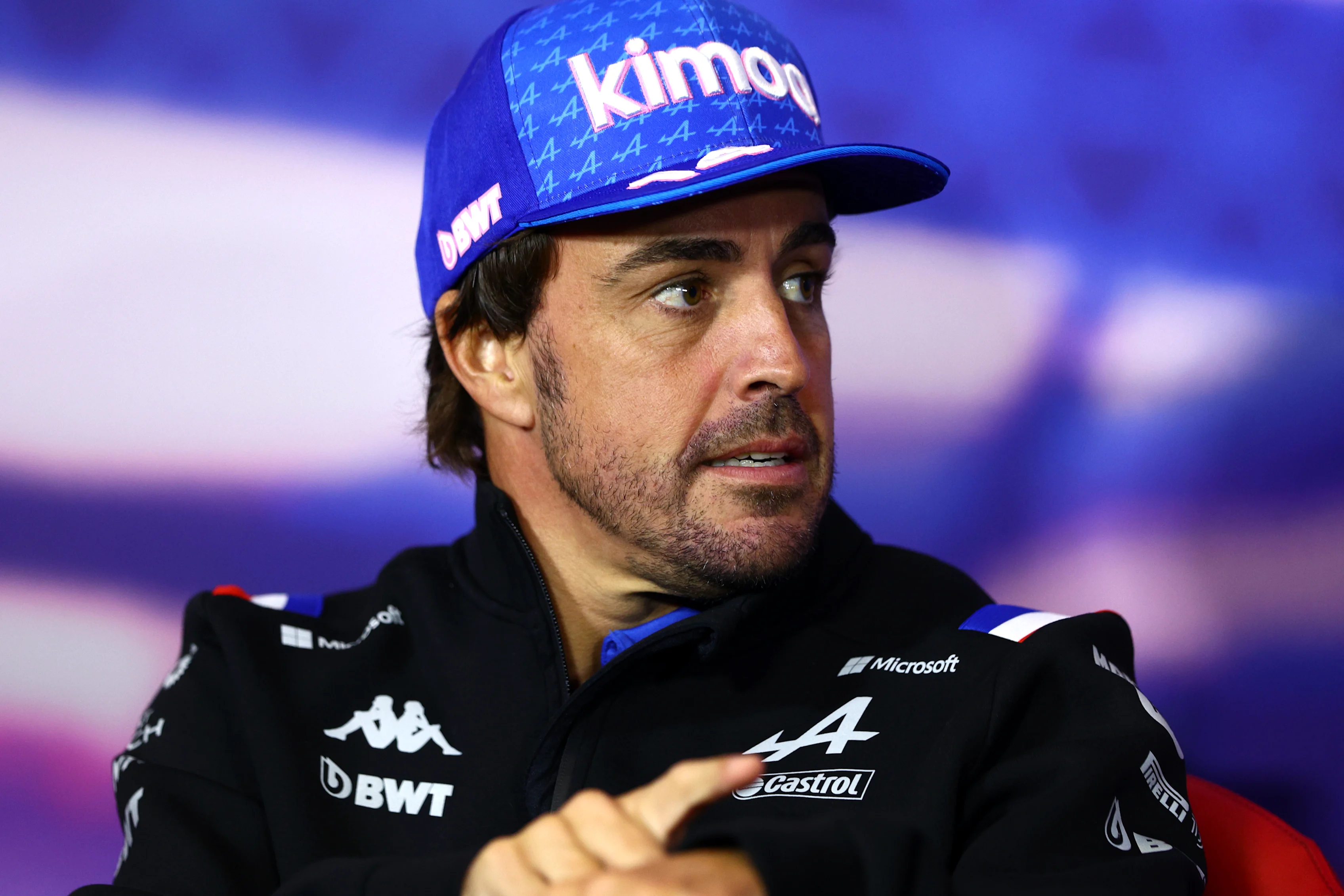 NORTHAMPTON, ENGLAND - JUNE 30: Fernando Alonso of Spain and Alpine F1 talks in the Drivers Press