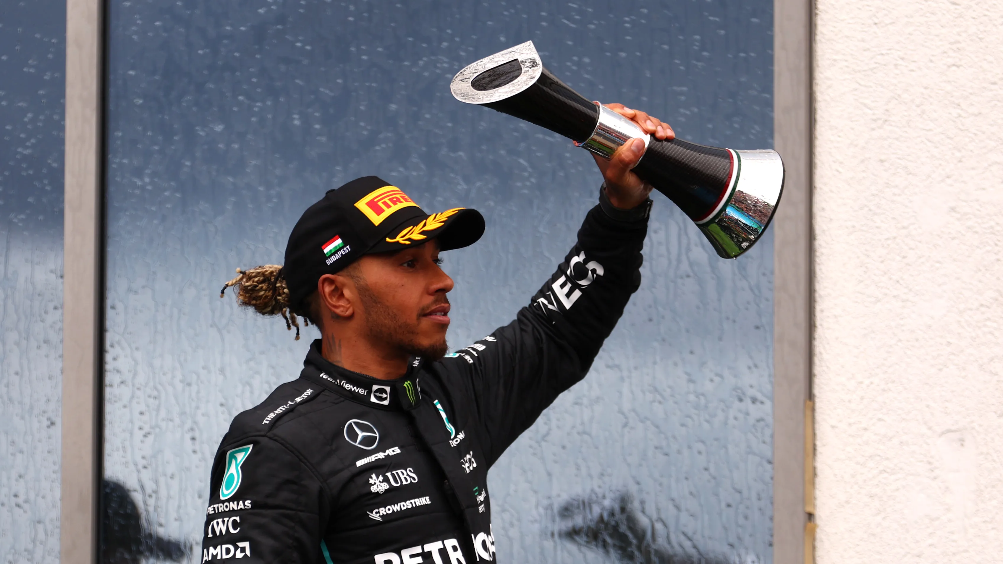 BUDAPEST, HUNGARY - JULY 31: Second placed Lewis Hamilton of Great Britain and Mercedes celebrates
