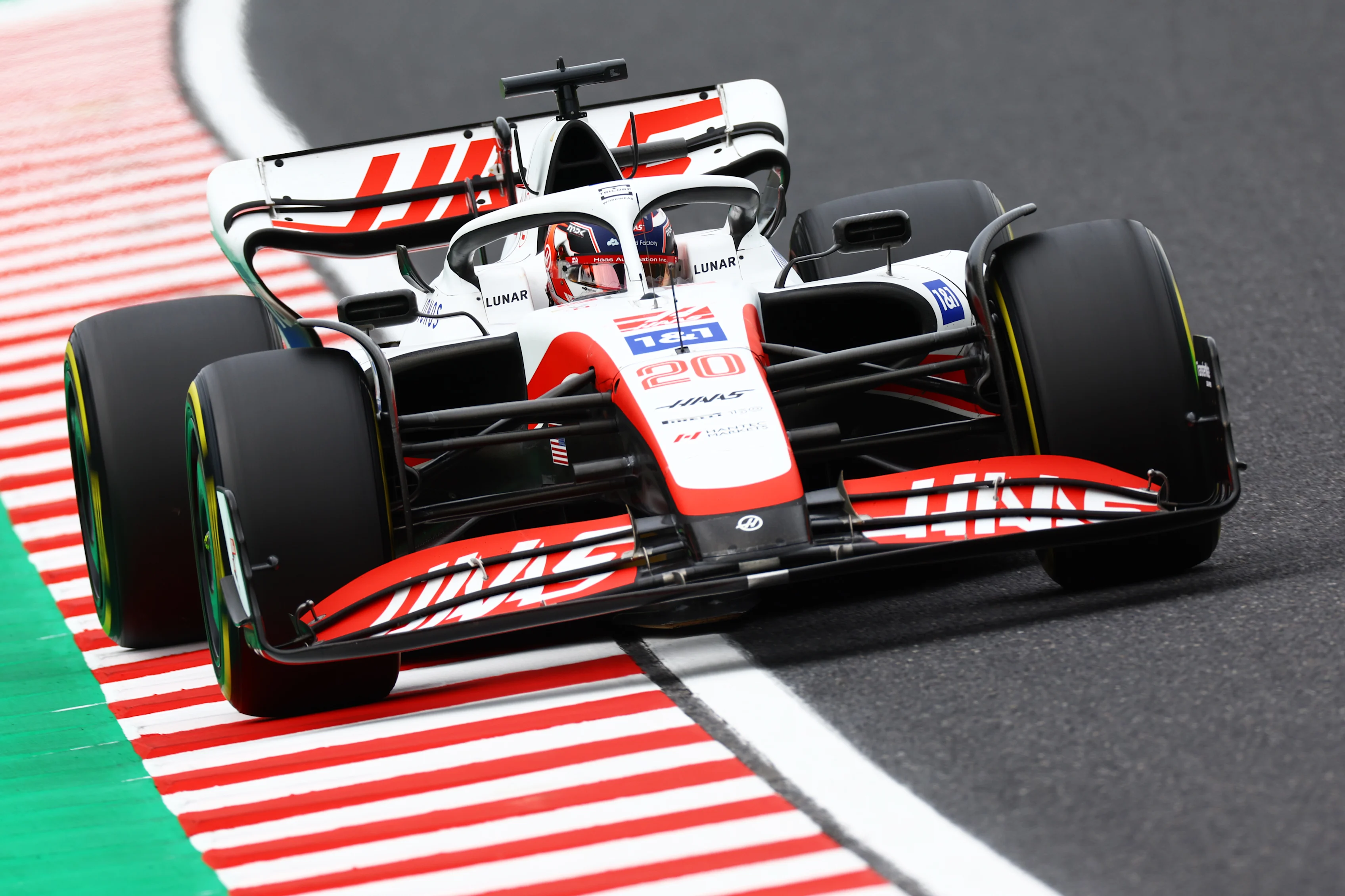 SUZUKA, JAPAN - OCTOBER 08: Kevin Magnussen of Denmark driving the (20) Haas F1 VF-22 Ferrari on track during final practice ahead of the F1 Grand Prix of Japan at Suzuka International Racing Course on October 08, 2022 in Suzuka, Japan. (Photo by Mark Thompson/Getty Images )