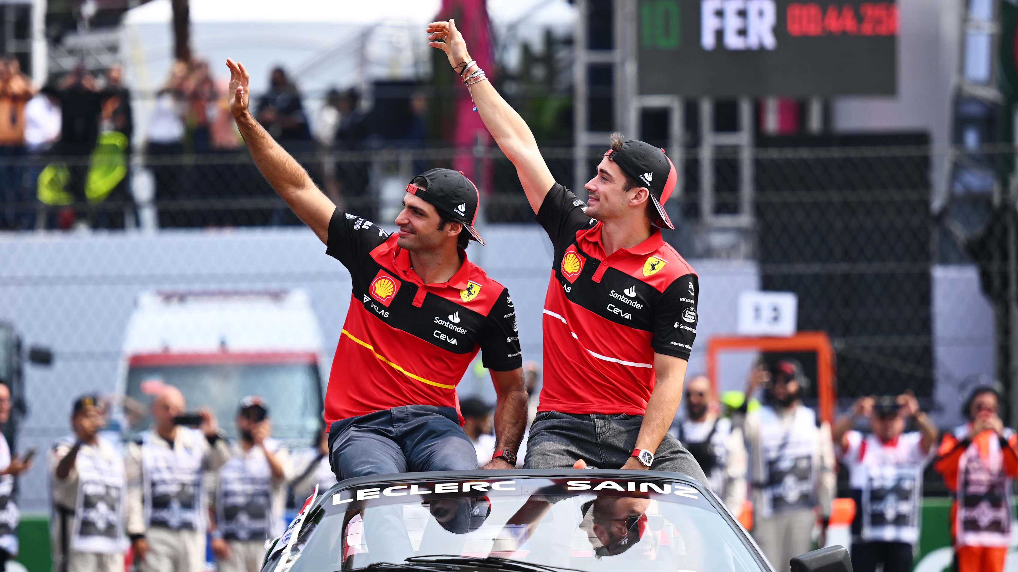 MEXICO CITY, MEXICO - OCTOBER 30: Charles Leclerc of Monaco and Ferrari and Carlos Sainz of Spain