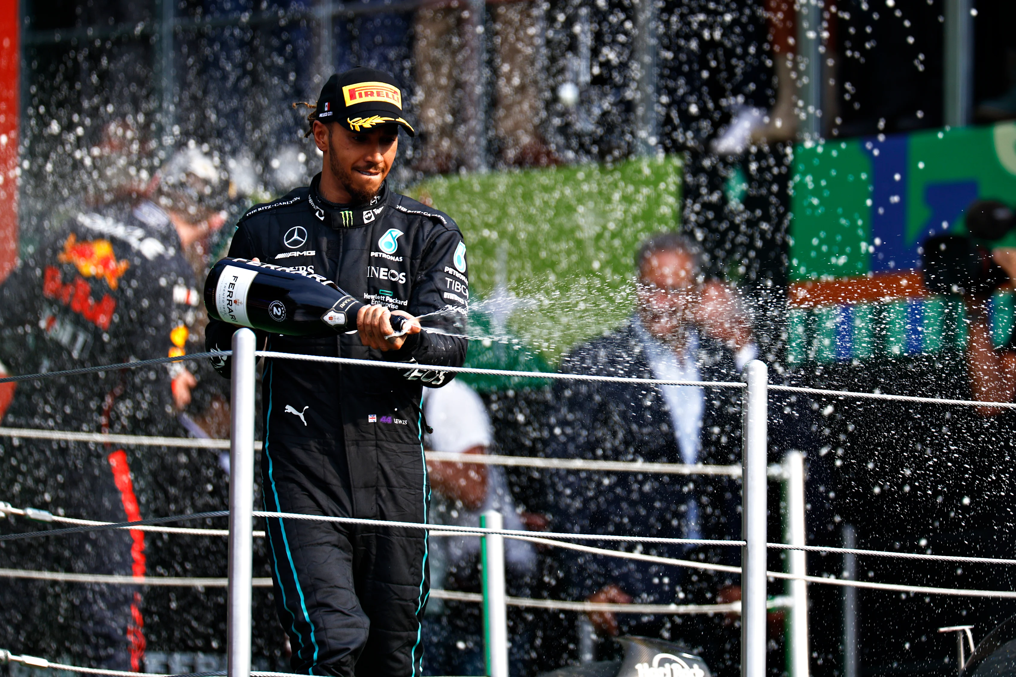 MEXICO CITY, MEXICO - OCTOBER 30: Second placed Lewis Hamilton of Great Britain and Mercedes