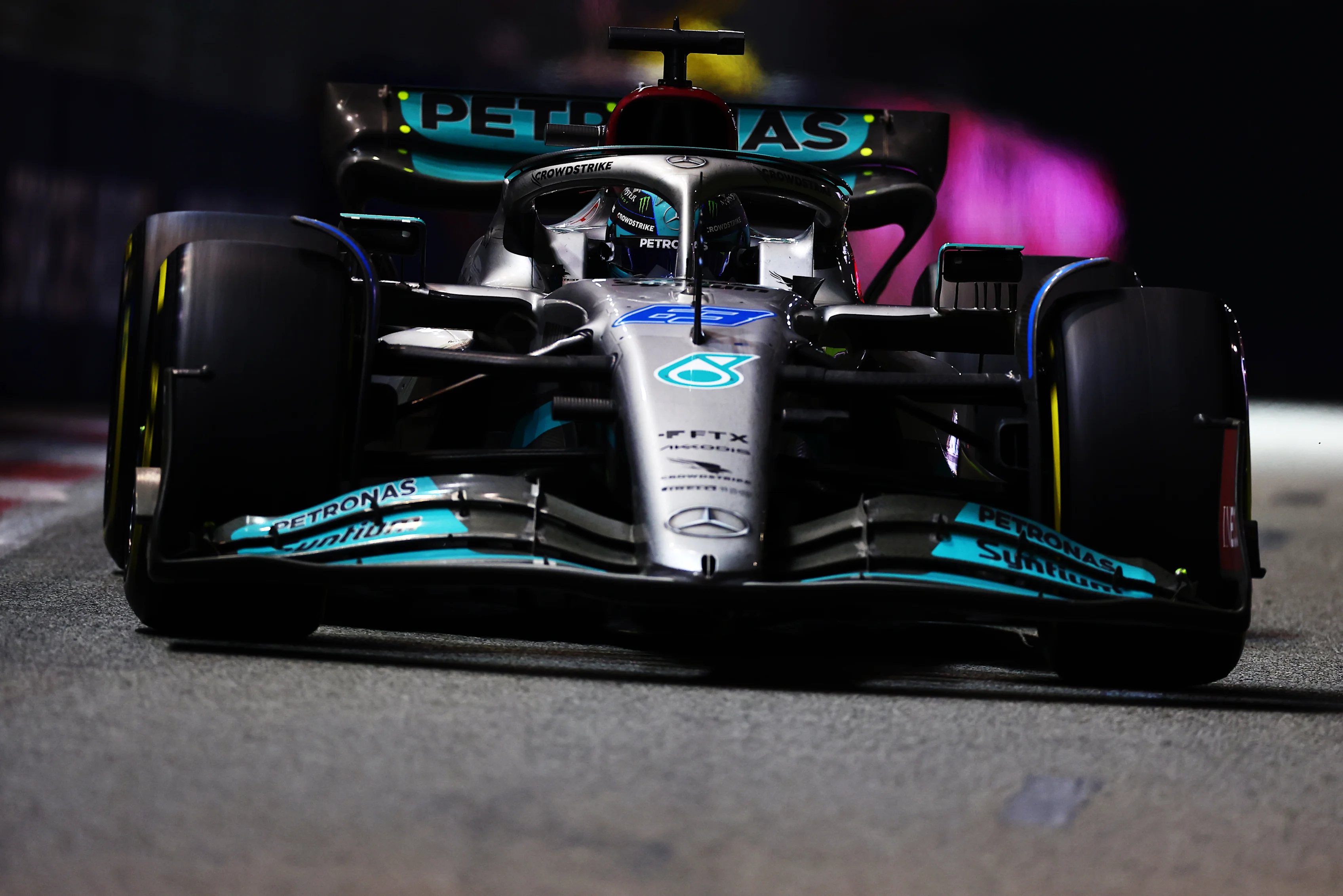 SINGAPORE, SINGAPORE - OCTOBER 02: George Russell of Great Britain driving the (63) Mercedes AMG