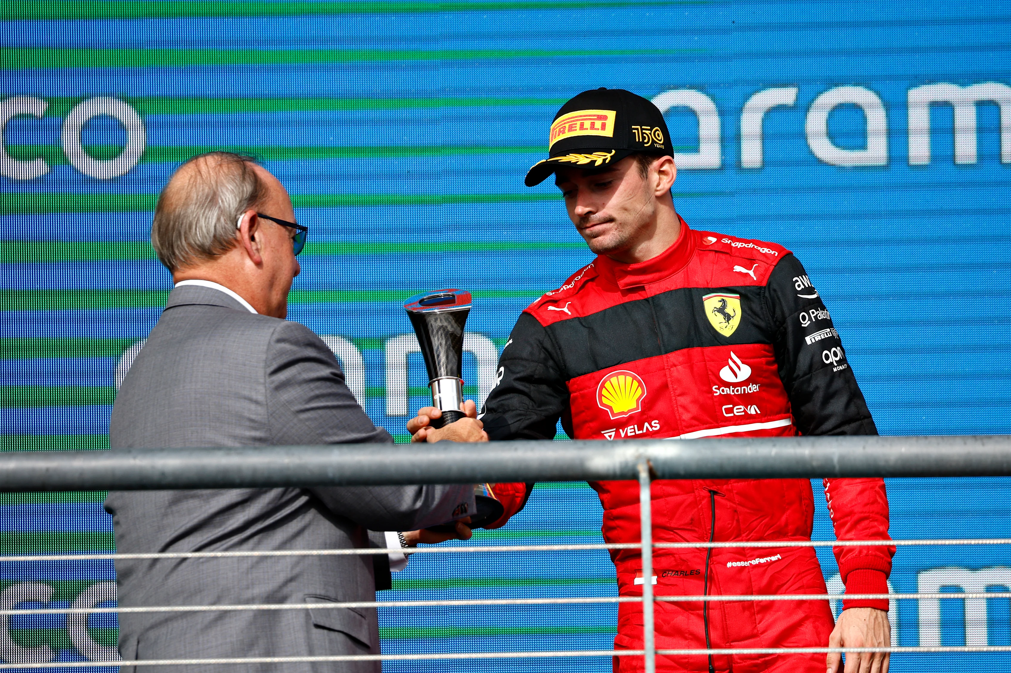 AUSTIN, TEXAS - OCTOBER 23: Third placed Charles Leclerc of Monaco and Ferrari celebrates on the