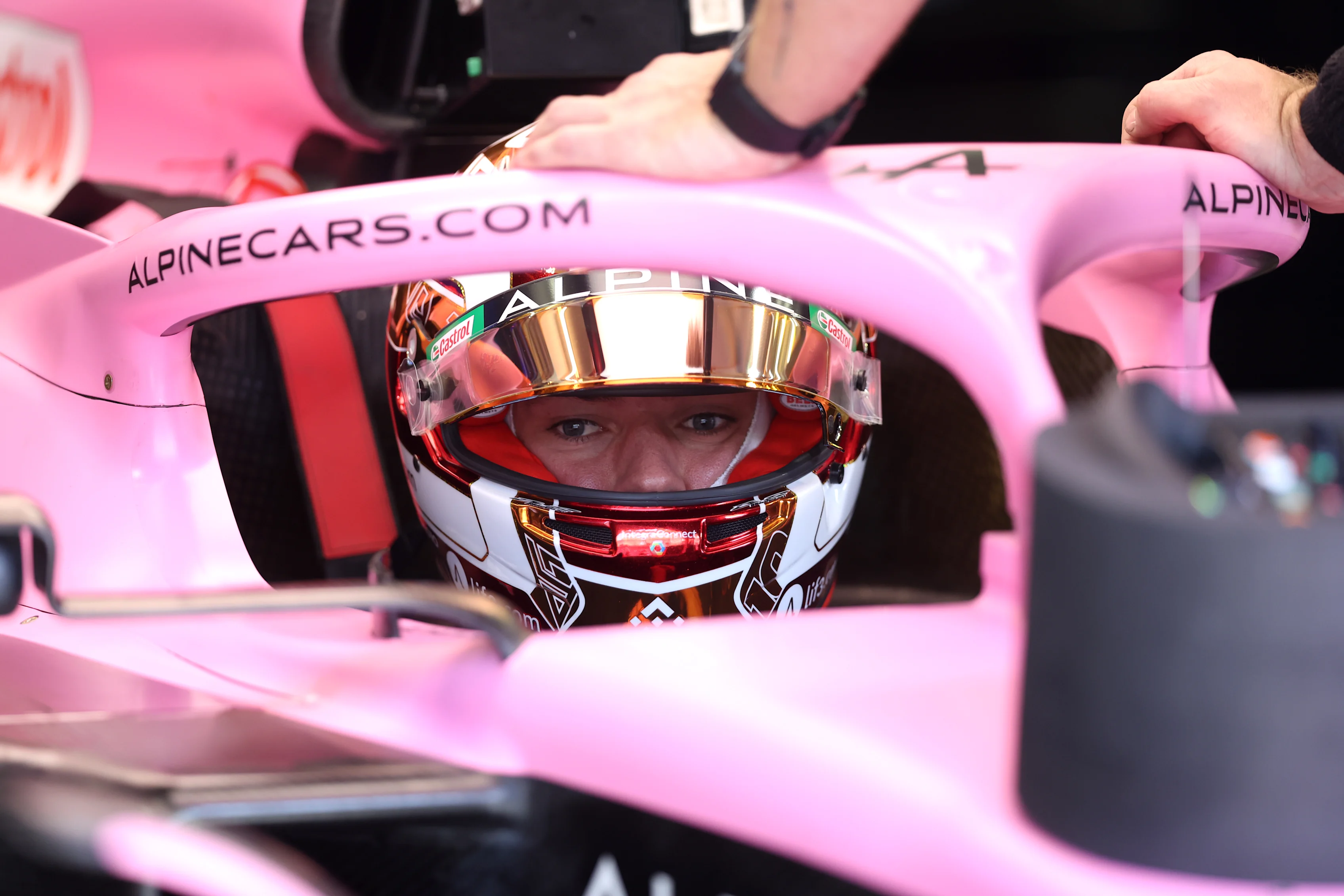BAHRAIN, BAHRAIN - MARCH 03: Pierre Gasly of France driving the (10) Alpine F1 A523 Renault looks on in the garage during practice ahead of the F1 Grand Prix of Bahrain at Bahrain International Circuit on March 03, 2023 in Bahrain, Bahrain. (Photo by Lars Baron/Getty Images)