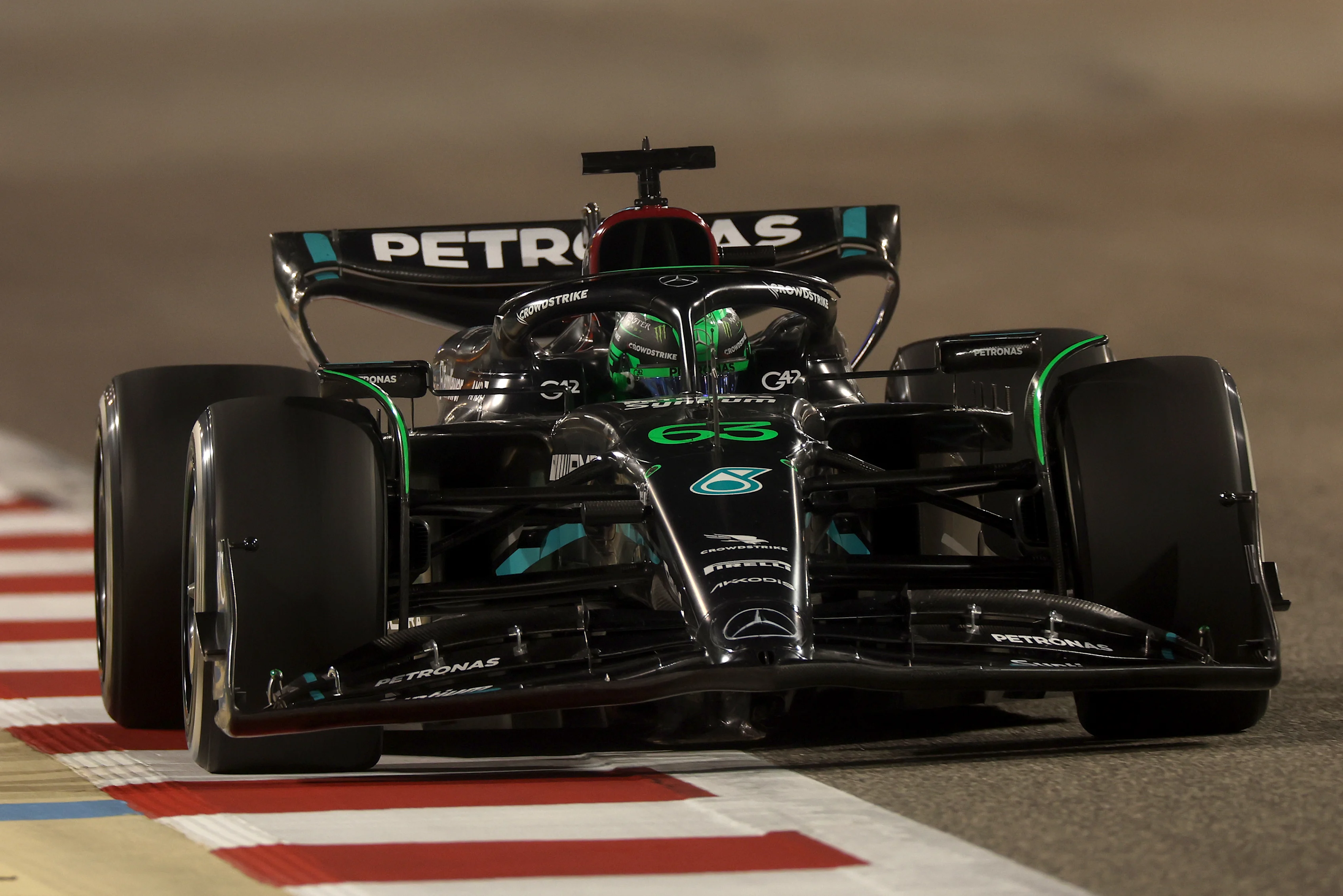 BAHRAIN, BAHRAIN - MARCH 05: George Russell of Great Britain driving the (63) Mercedes AMG Petronas