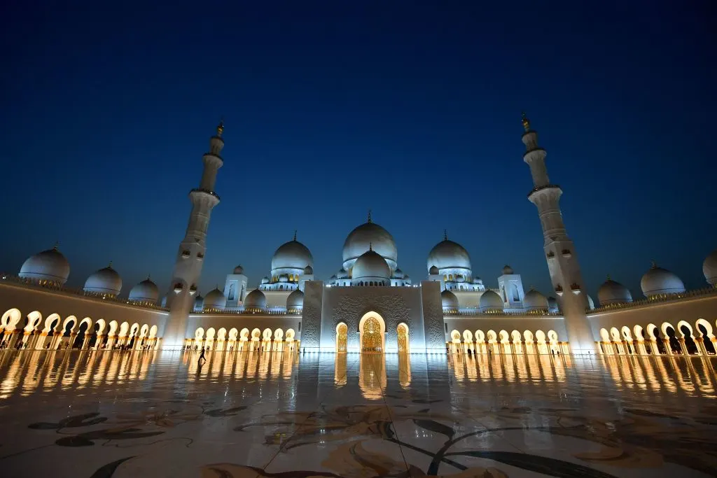 TOPSHOT - A picture taken on December 3, 2017 shows the Sheikh Zayed Grand Mosque in the UAE