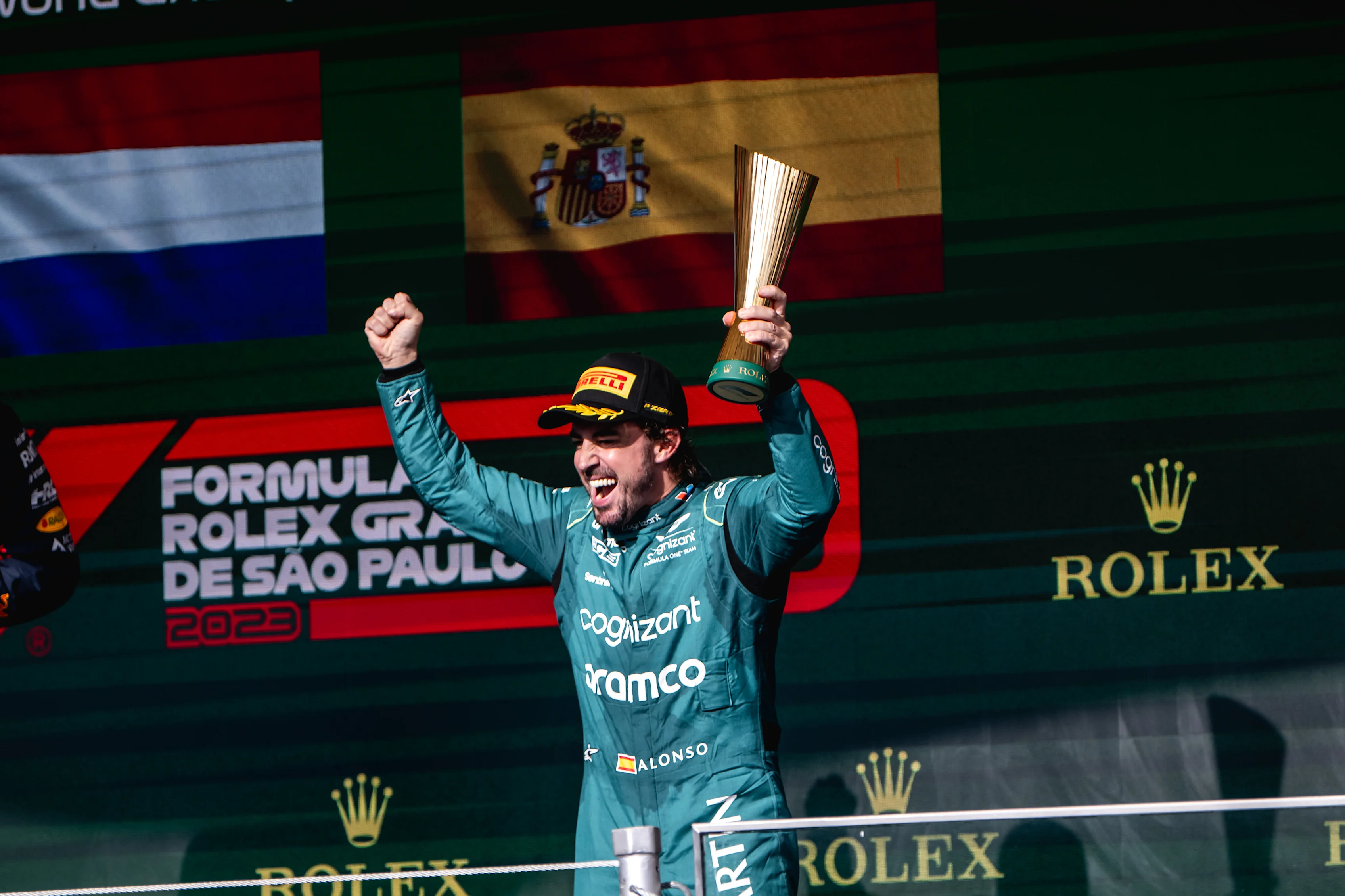 SAO PAULO, BRAZIL - NOVEMBER 05: Fernando Alonso of Spain driving the Aston Martin AMR23 celebrates