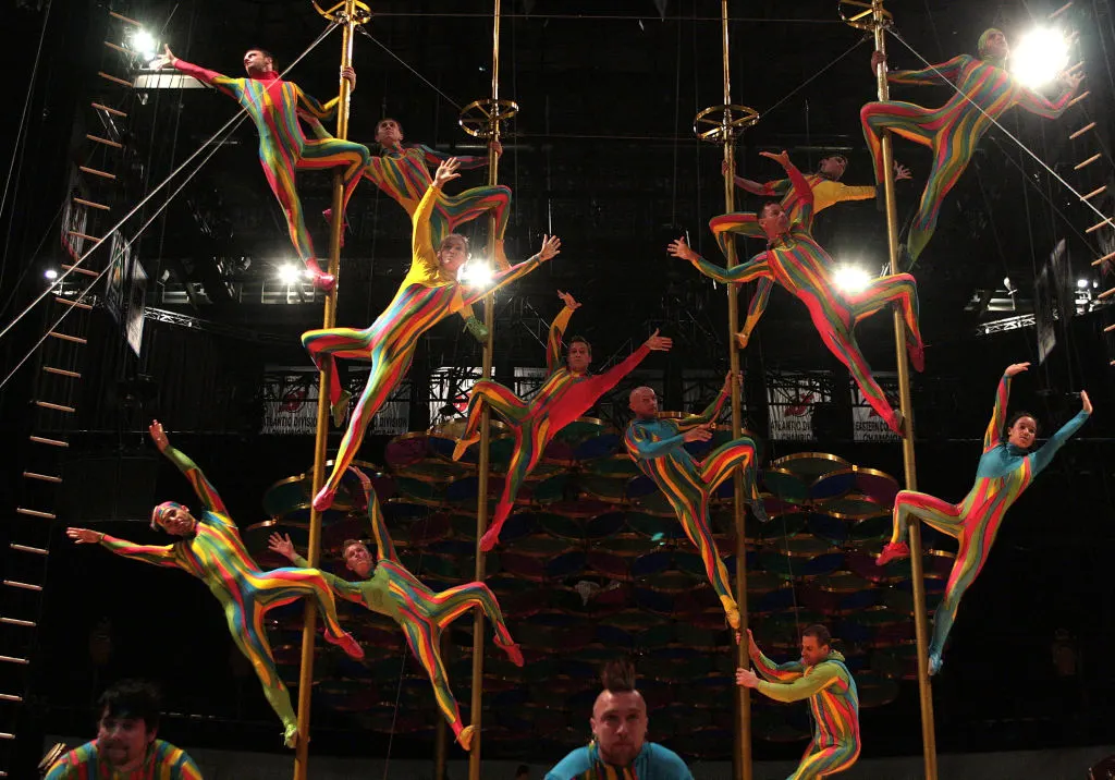 NEWARK, NJ - AUGUST 06: Cirque du Soleil performers rehearse "Saltimbanco" at the Prudential