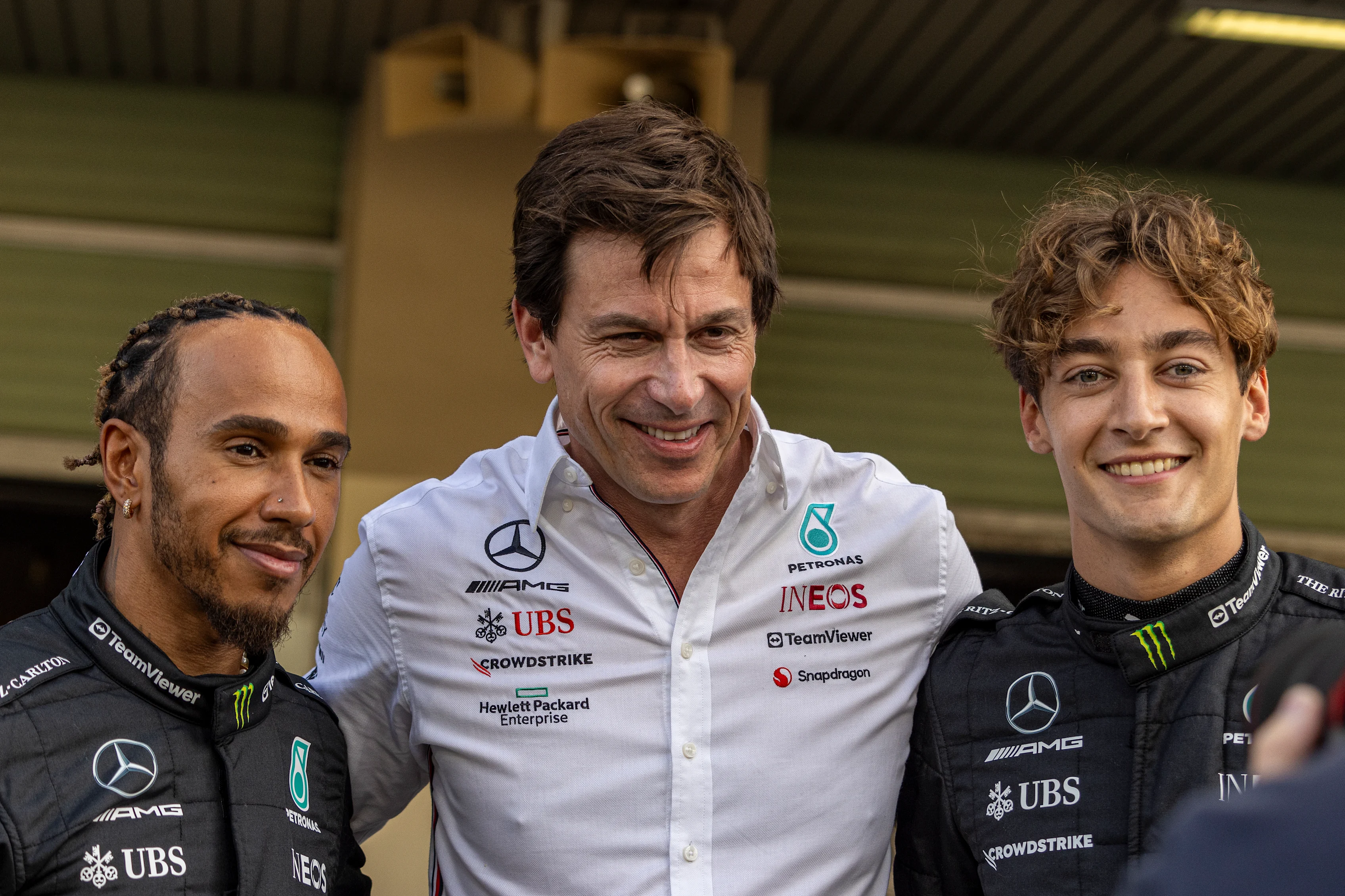 ABU DHABI, UNITED ARAB EMIRATES - NOVEMBER 23: Lewis Hamilton of Great Britain and Mercedes (L),