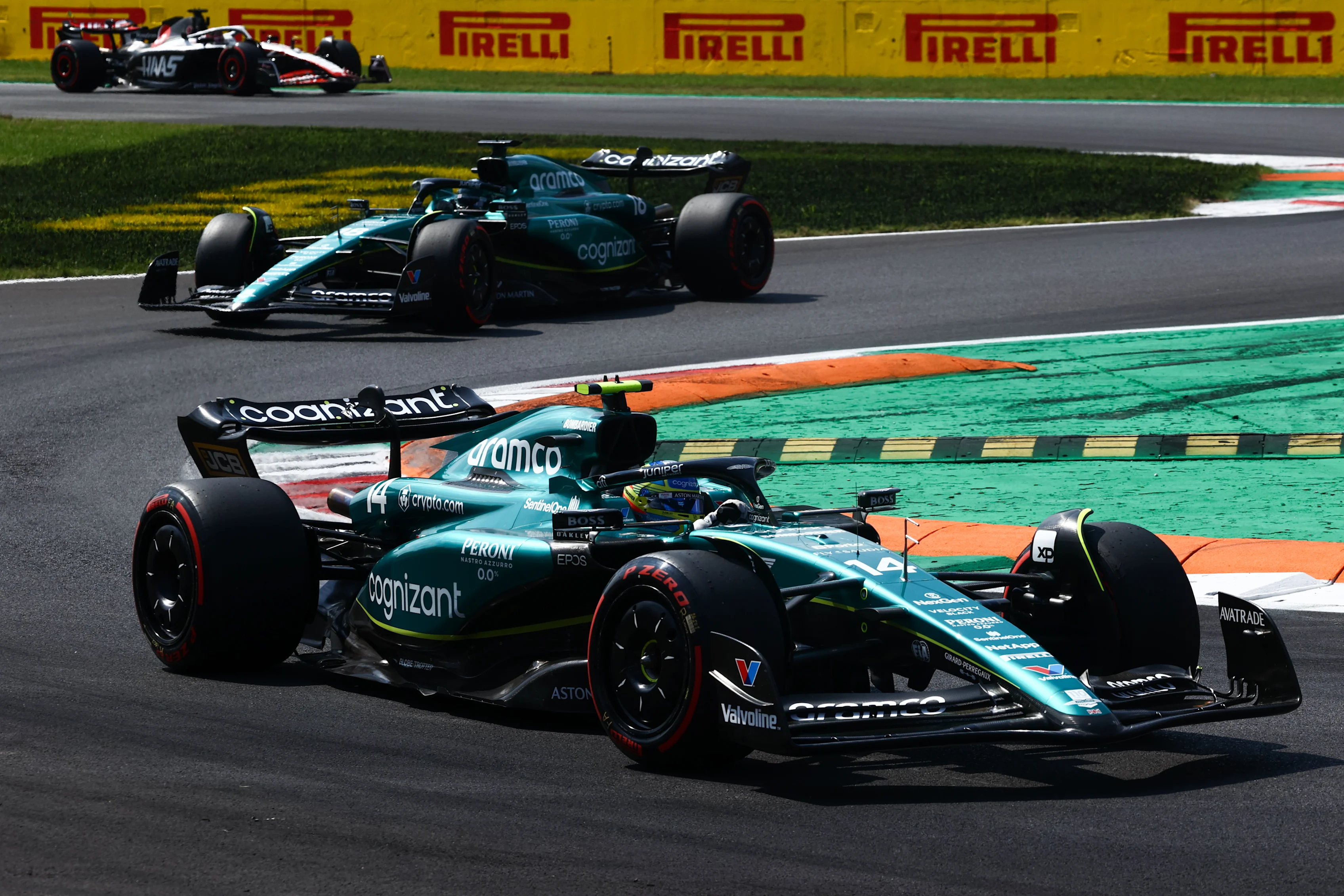 Lance Stroll and Fernando Alonso of Aston Martin Aramco during third practice ahead of the Formula