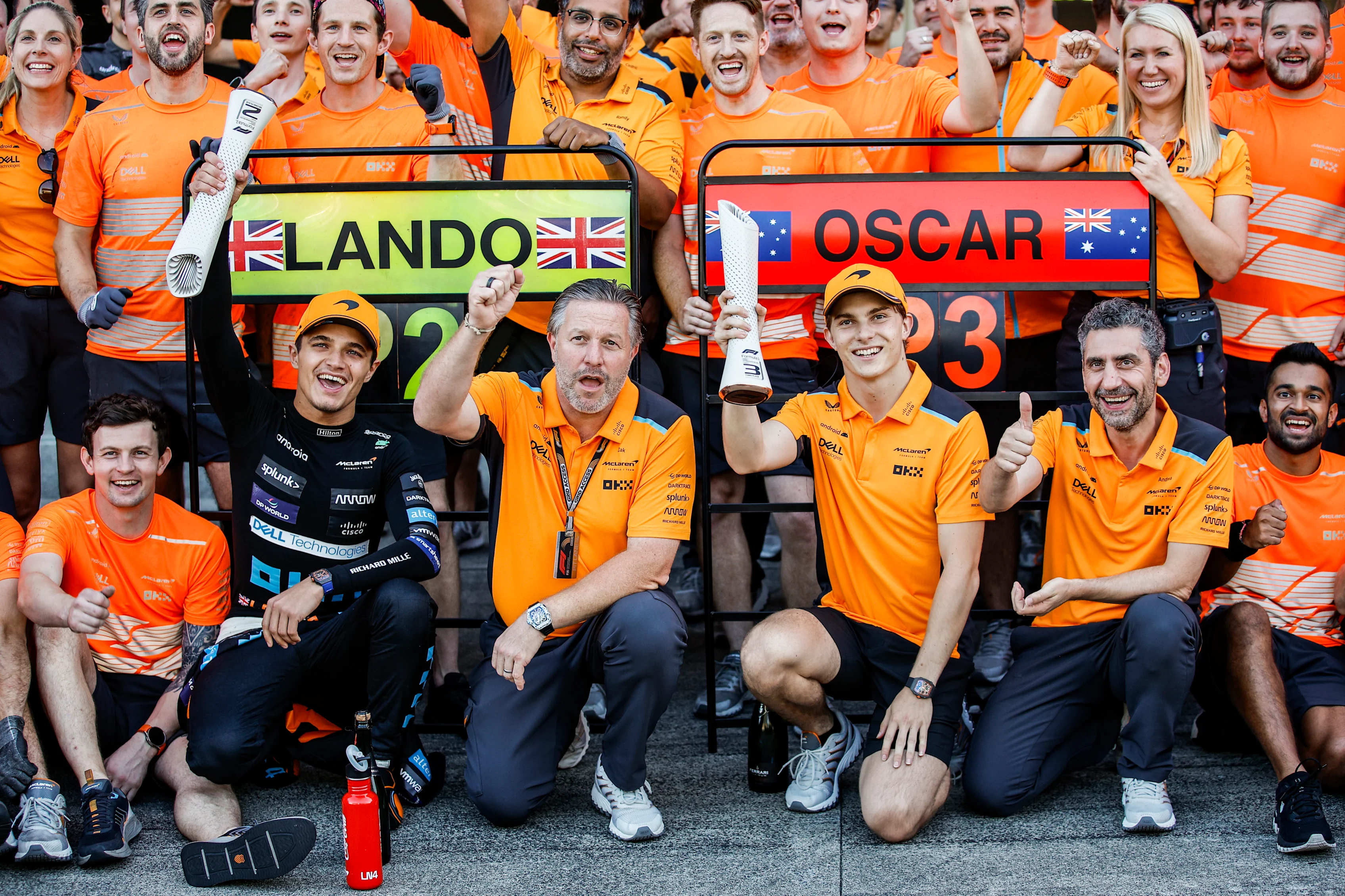 Lando Norris, Zak Brown, CEO of Mclaren Formula 1 Team, Oscar Piastri and Andrea Stella, Team