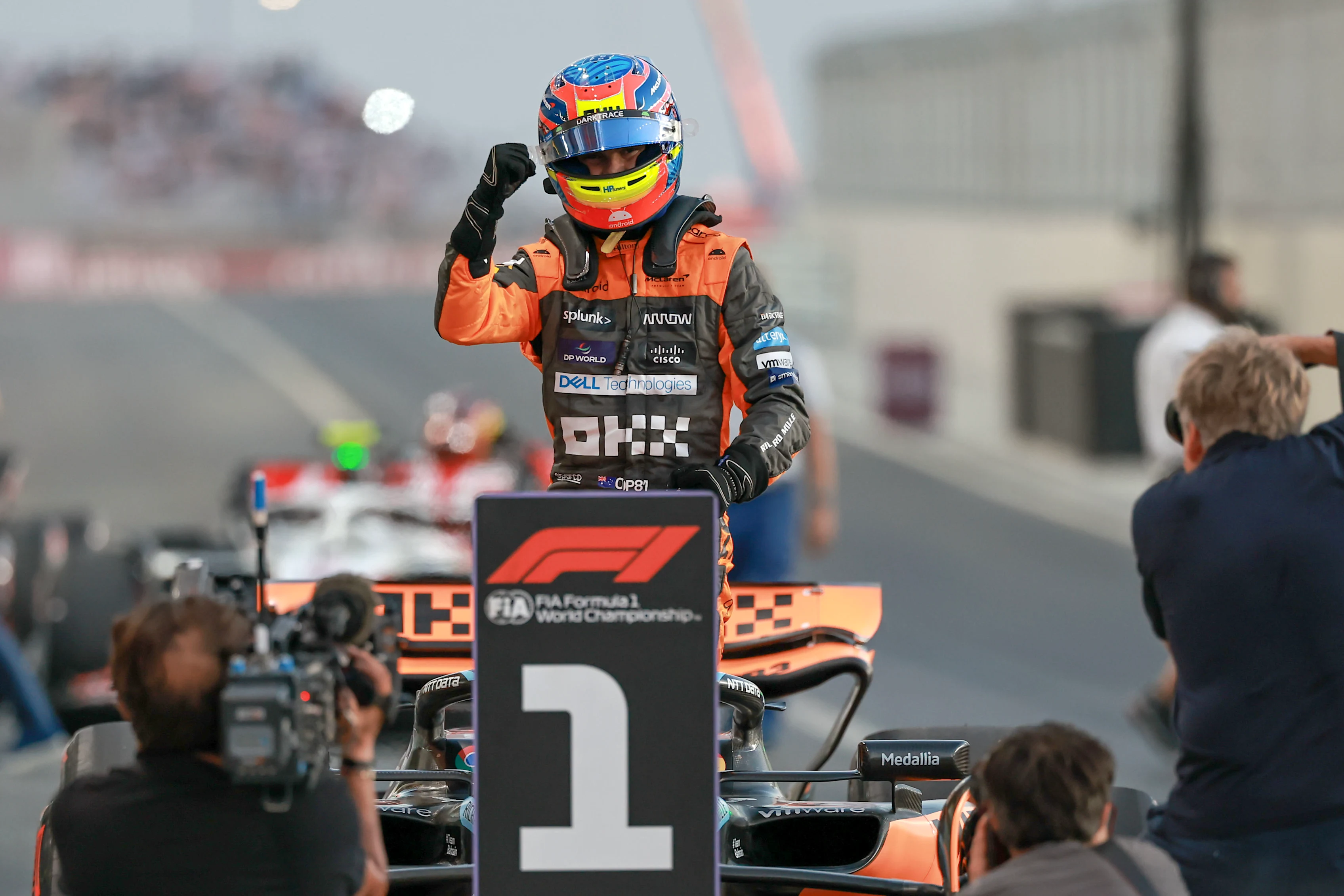 LUSAIL CITY, QATAR - OCTOBER 7: Oscar Piastri of Australia and McLaren F1 Team celebrates his