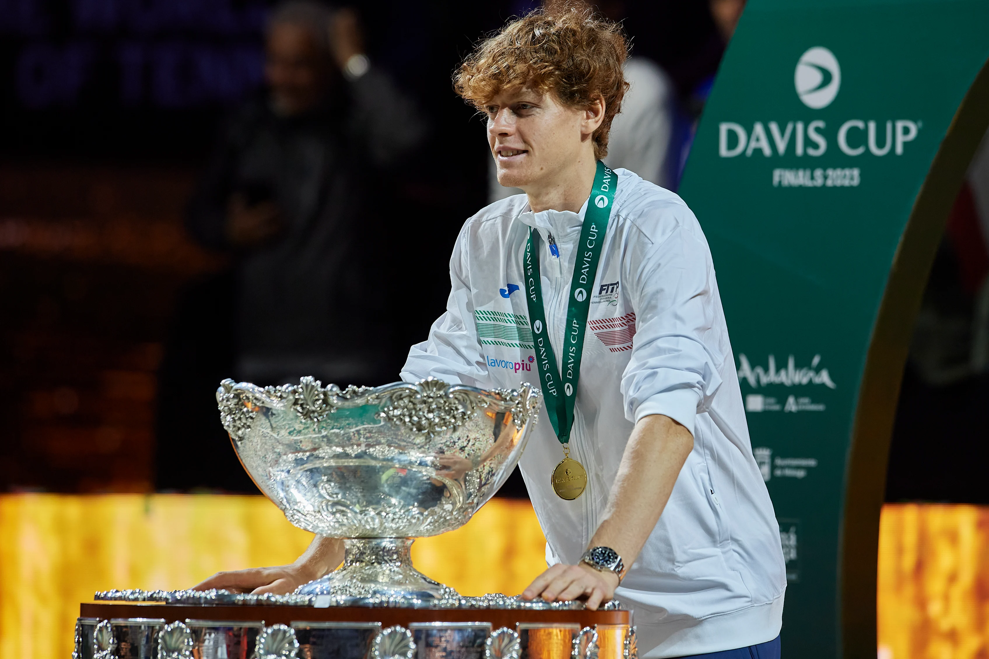 MALAGA, SPAIN - NOVEMBER 26: Jannik Sinner of Italy celebrates with the Davis Cup Trophy after