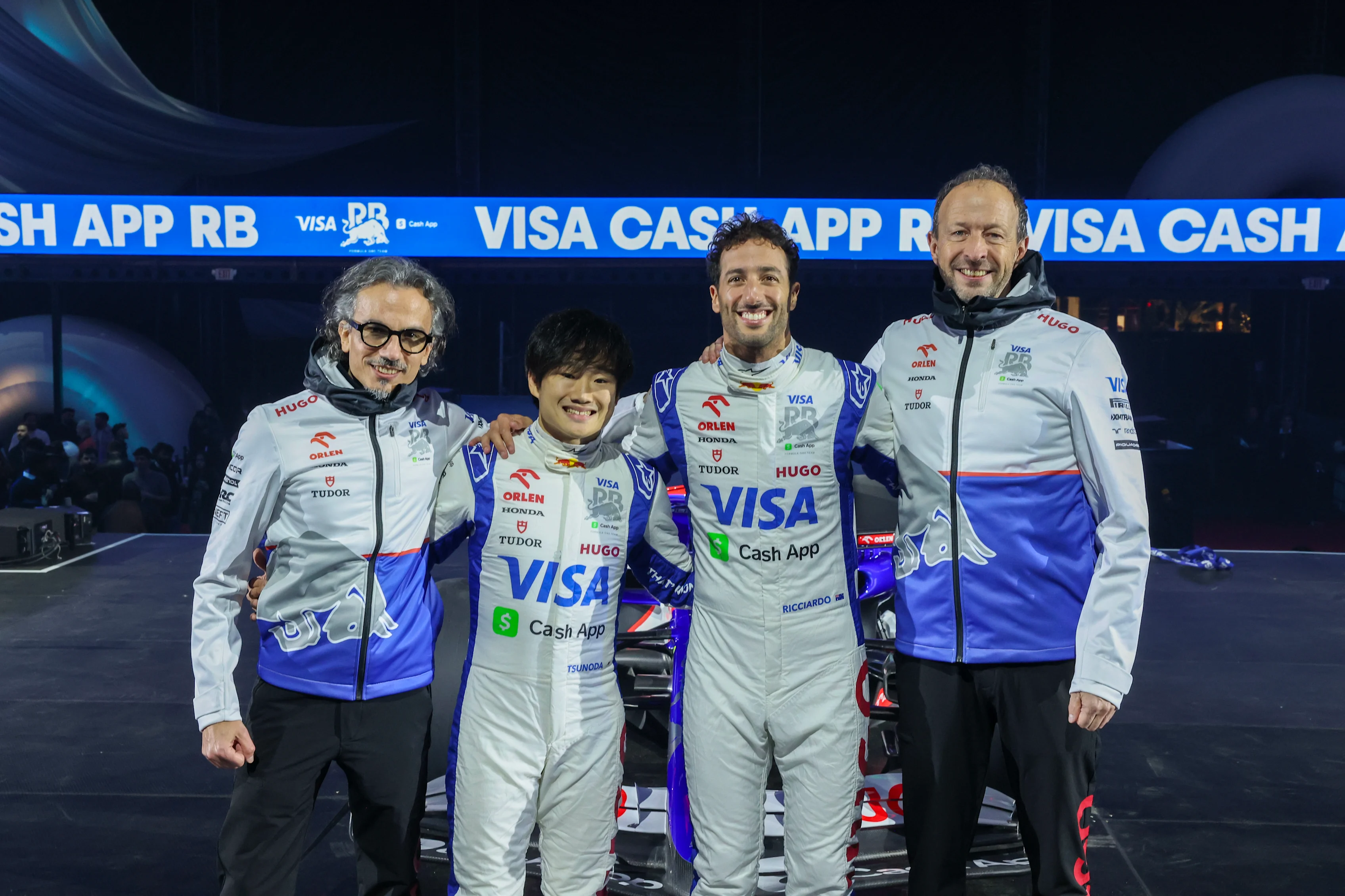 LAS VEGAS, NEVADA - FEBRUARY 08: (L-R) Laurent Mekies, Team Principal of Visa Cash App RB, Yuki