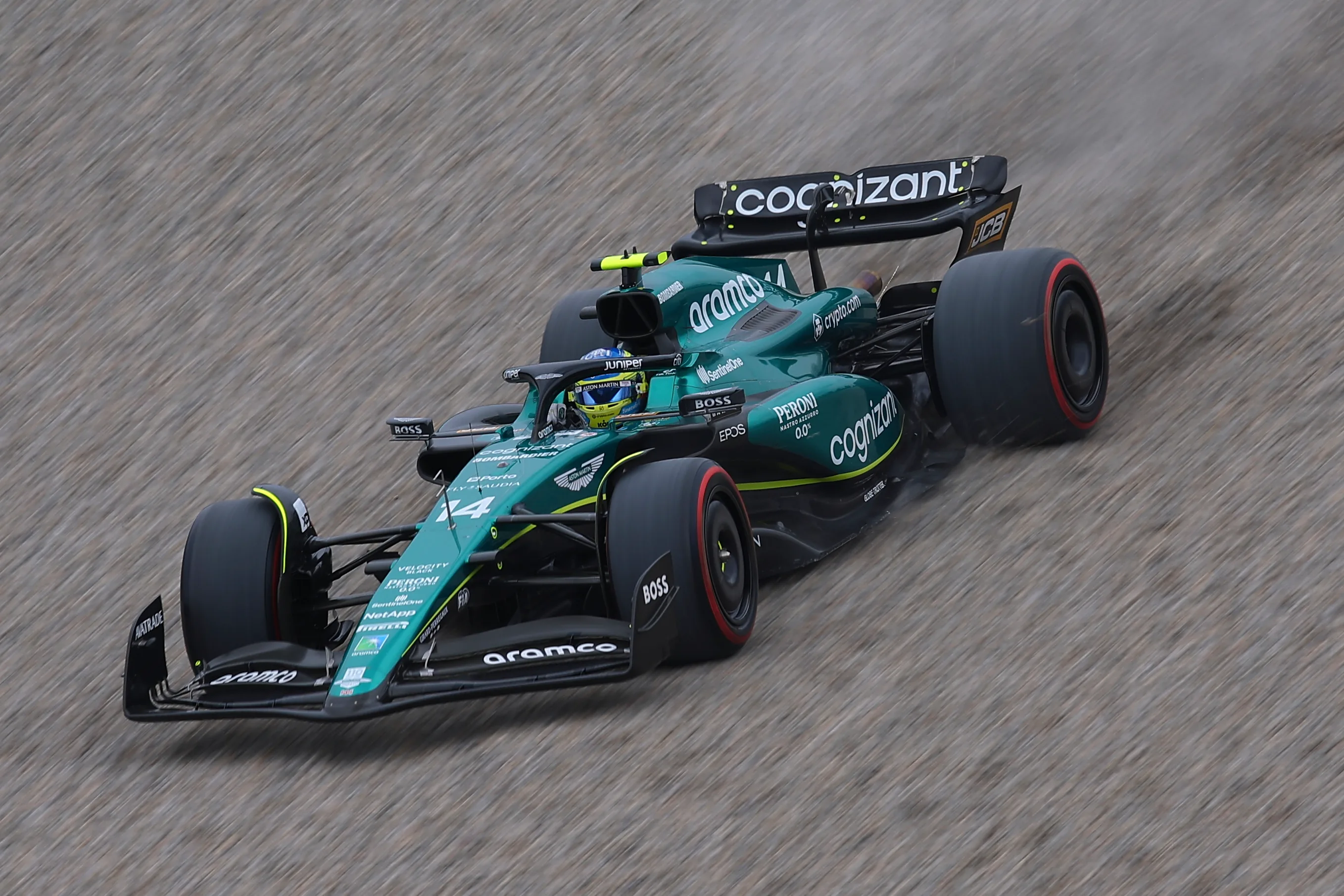 BARCELONA, SPAIN - JUNE 03: Fernando Alonso of Spain driving the (14) Aston Martin AMR23 during