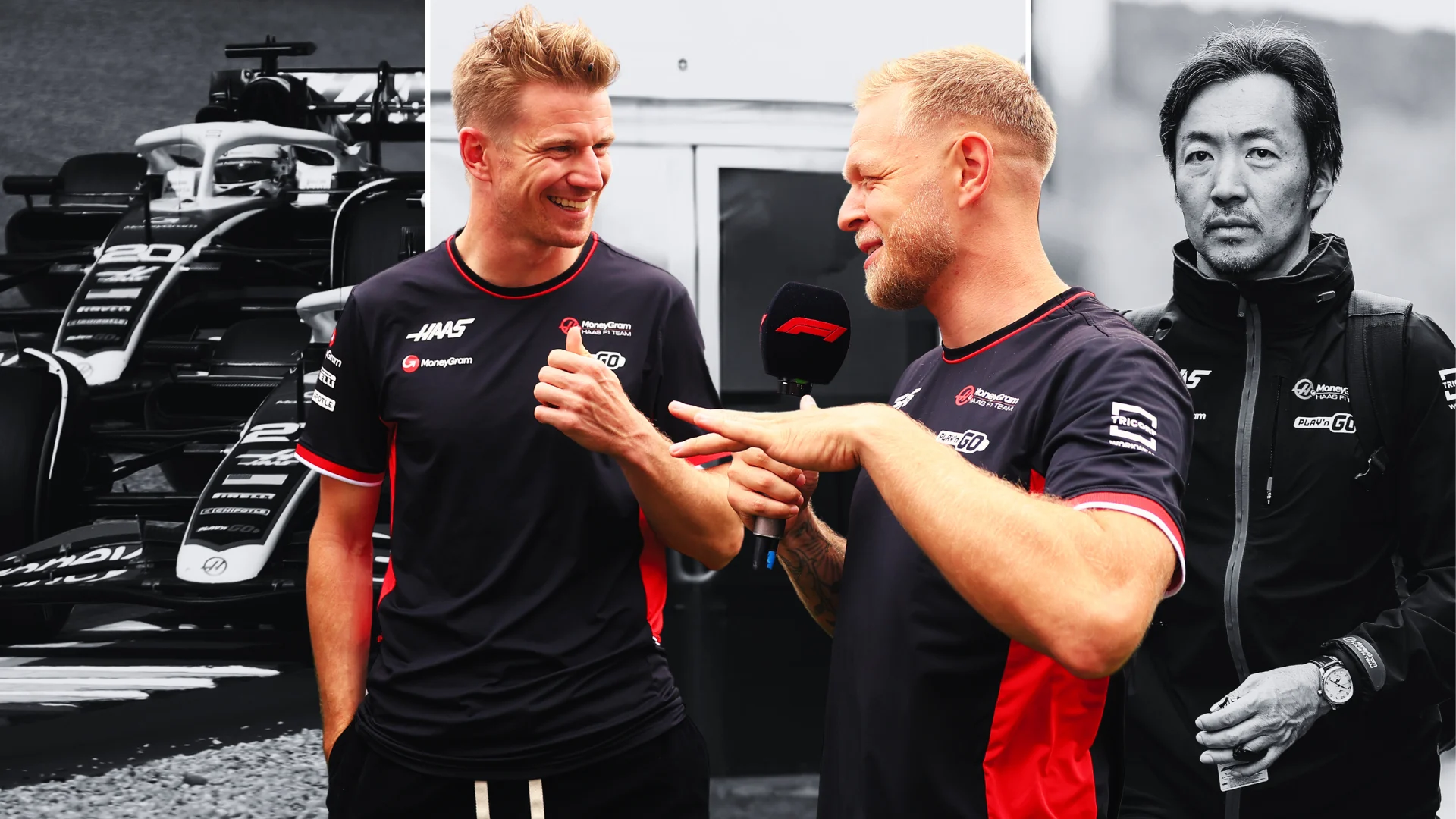 Haas team mates Hulkenberg and Magnussen against a montage background of their 2024 car and Team Principal Ayao Komatsu