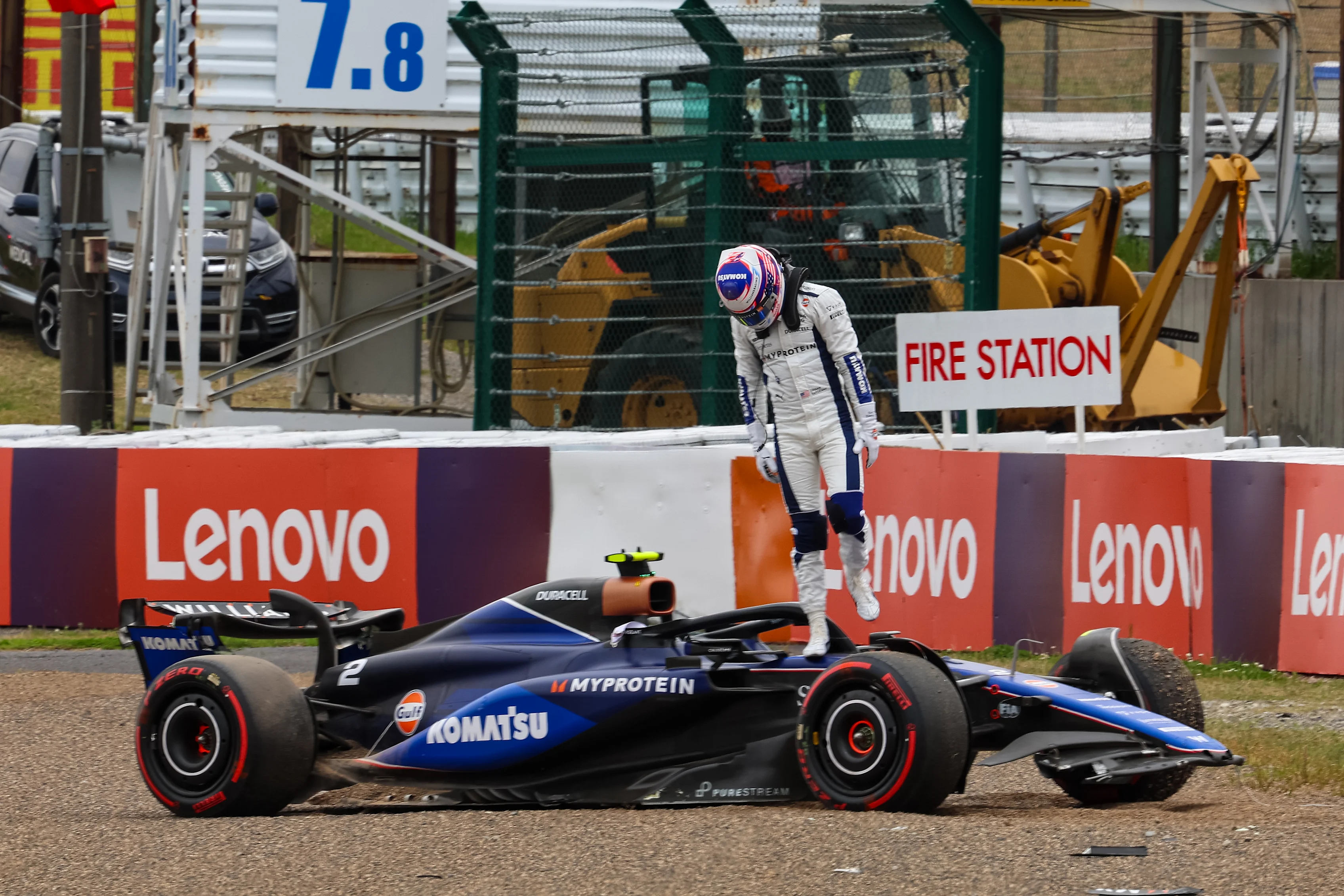 SUZUKA, JAPAN - APRIL 05: Logan Sargeant of United States and Williams climbs from his car after crashing during practice ahead of the F1 Grand Prix of Japan at Suzuka International Racing Course on April 05, 2024 in Suzuka, Japan. (Photo by Kym Illman/Getty Images)