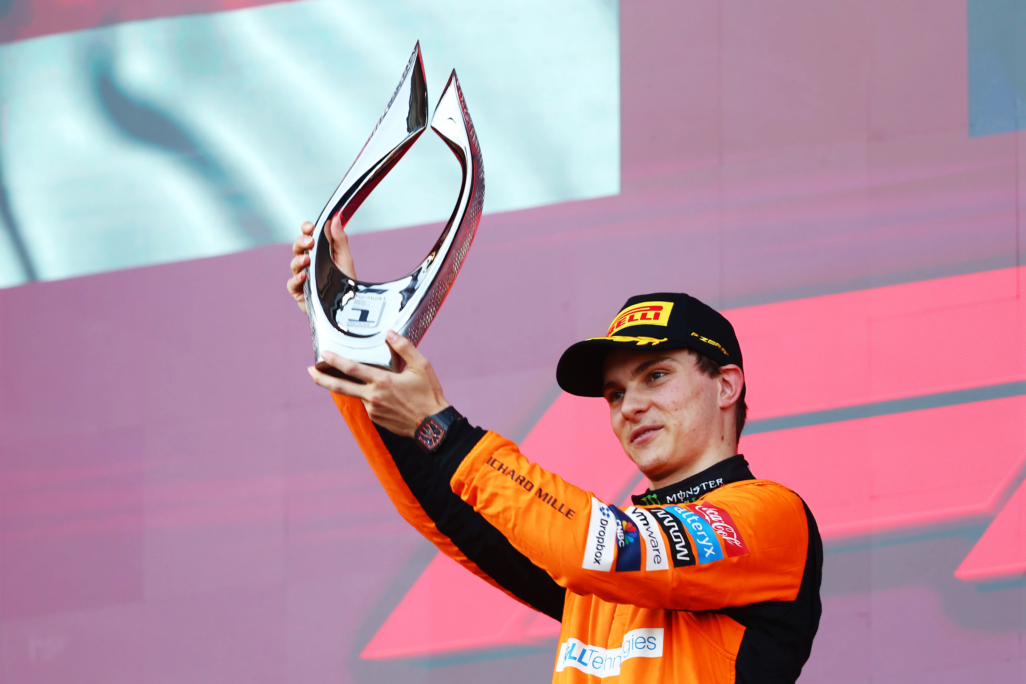 BAKU, AZERBAIJAN - SEPTEMBER 15: Race winner Oscar Piastri of Australia and McLaren celebrates on