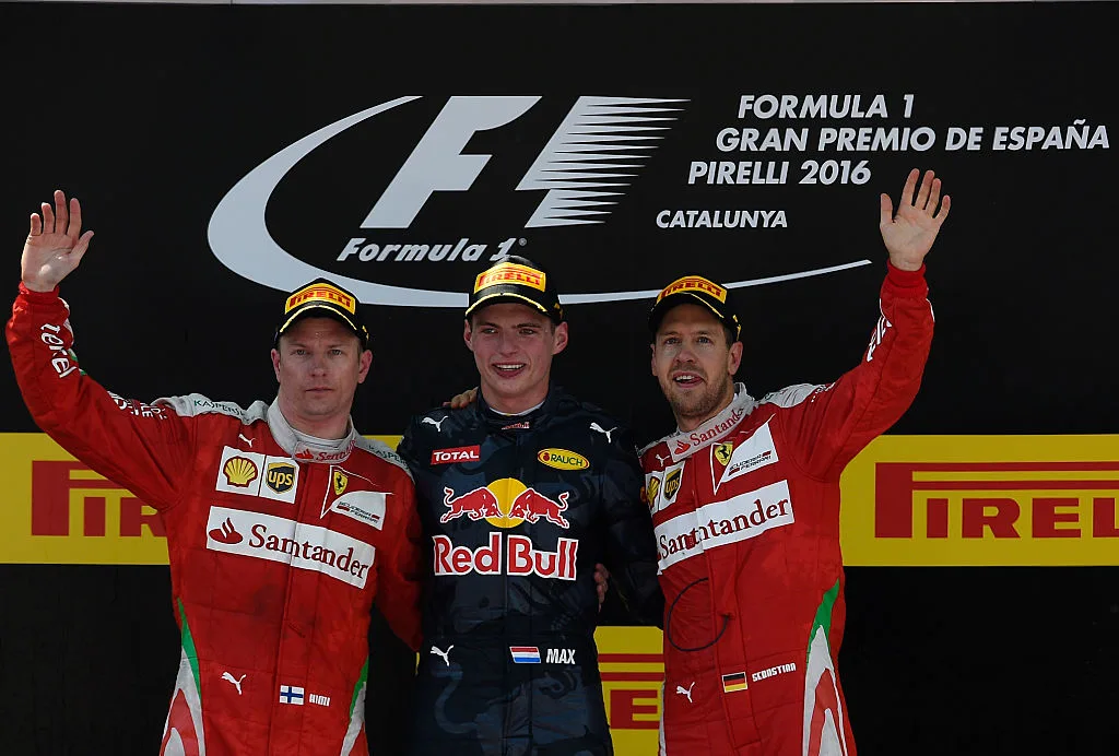 Ferrari's Finnish driver Kimi Raikkonen, Infiniti Red Bull's Belgian-Dutch driver Max Verstappen