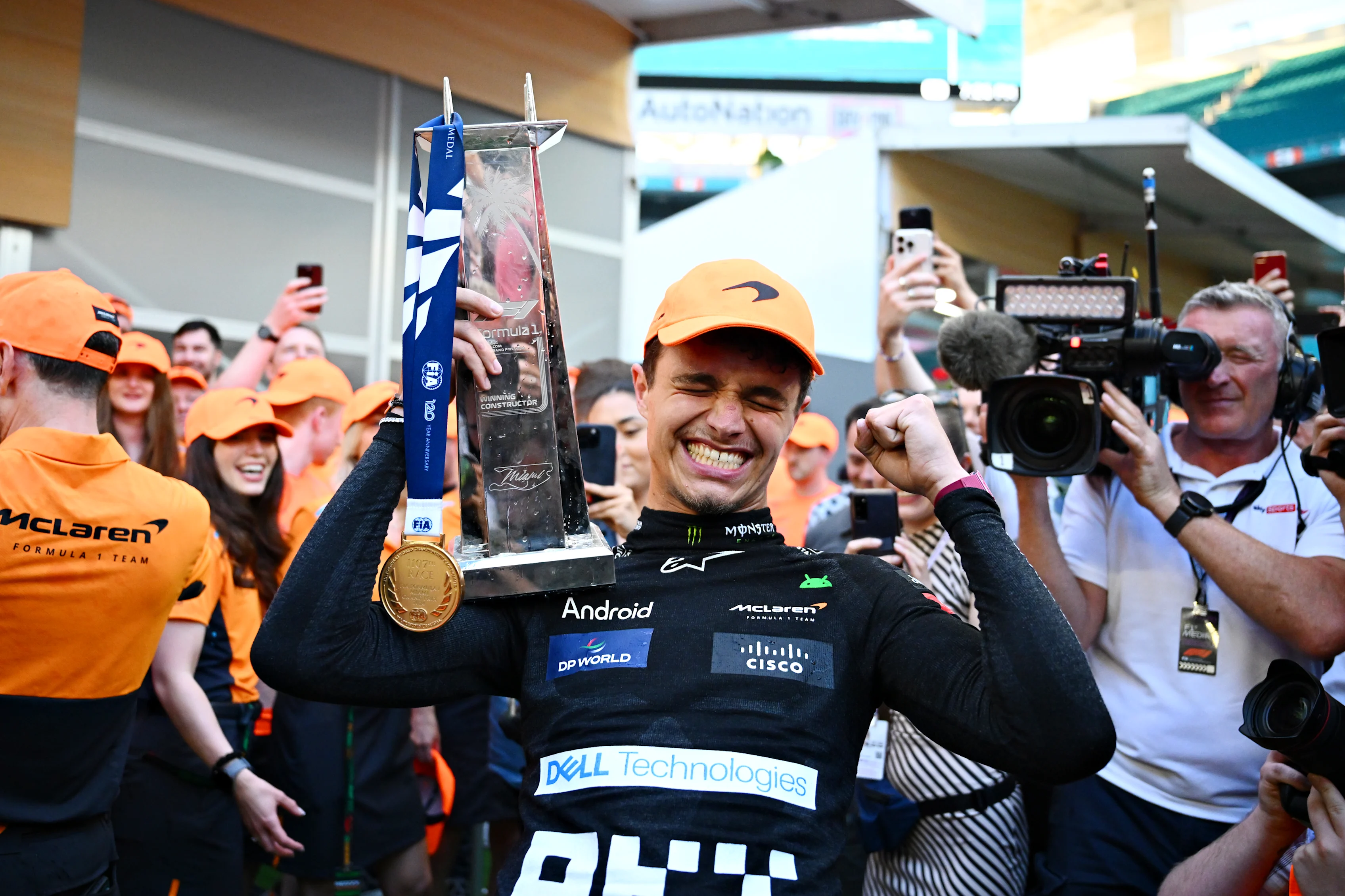 MIAMI, FLORIDA - MAY 05: Race winner Lando Norris of Great Britain and McLaren celebrates with his