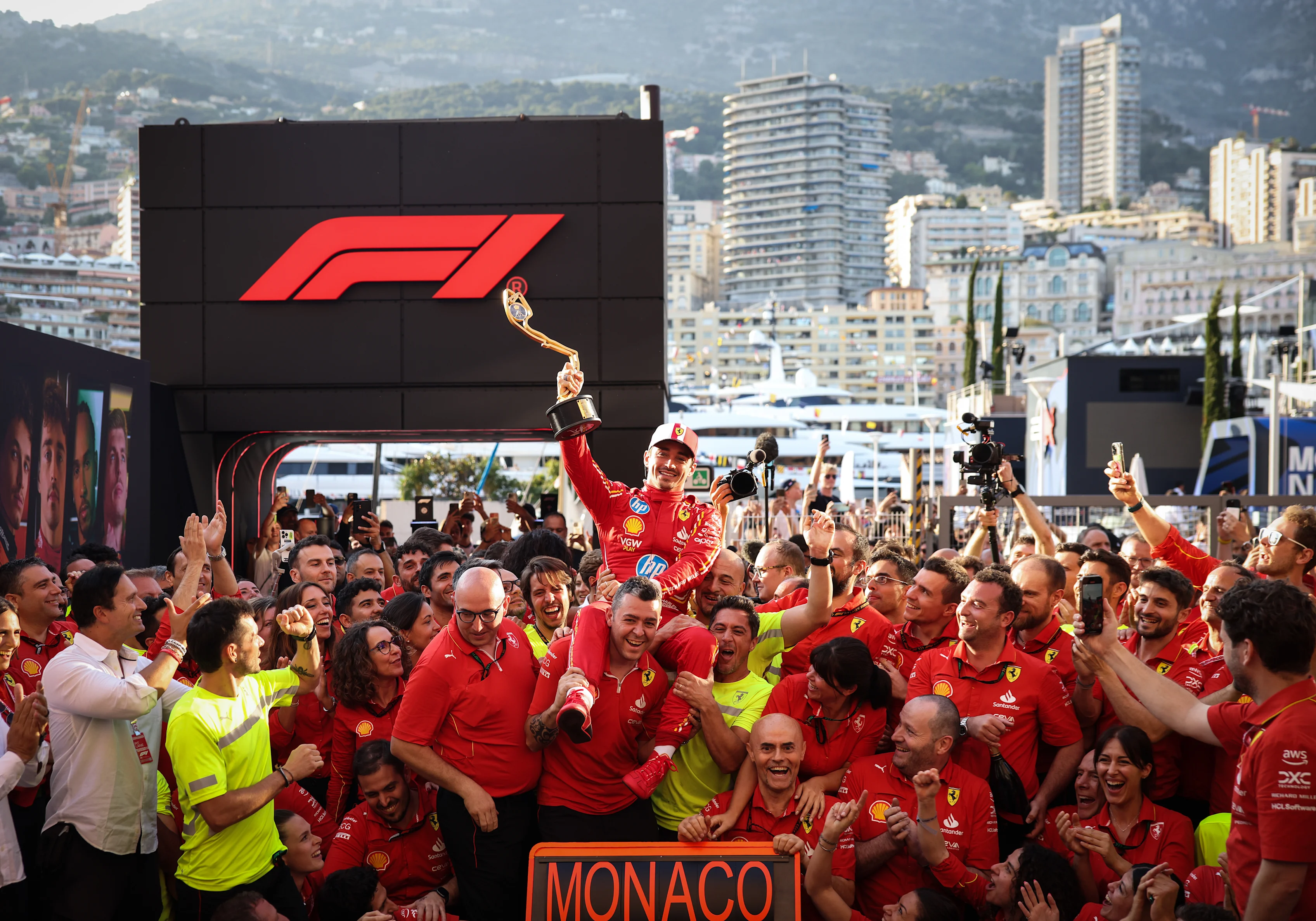 MONTE-CARLO, MONACO - MAY 26: Race winner Charles Leclerc of Monaco and Ferrari celebrates with