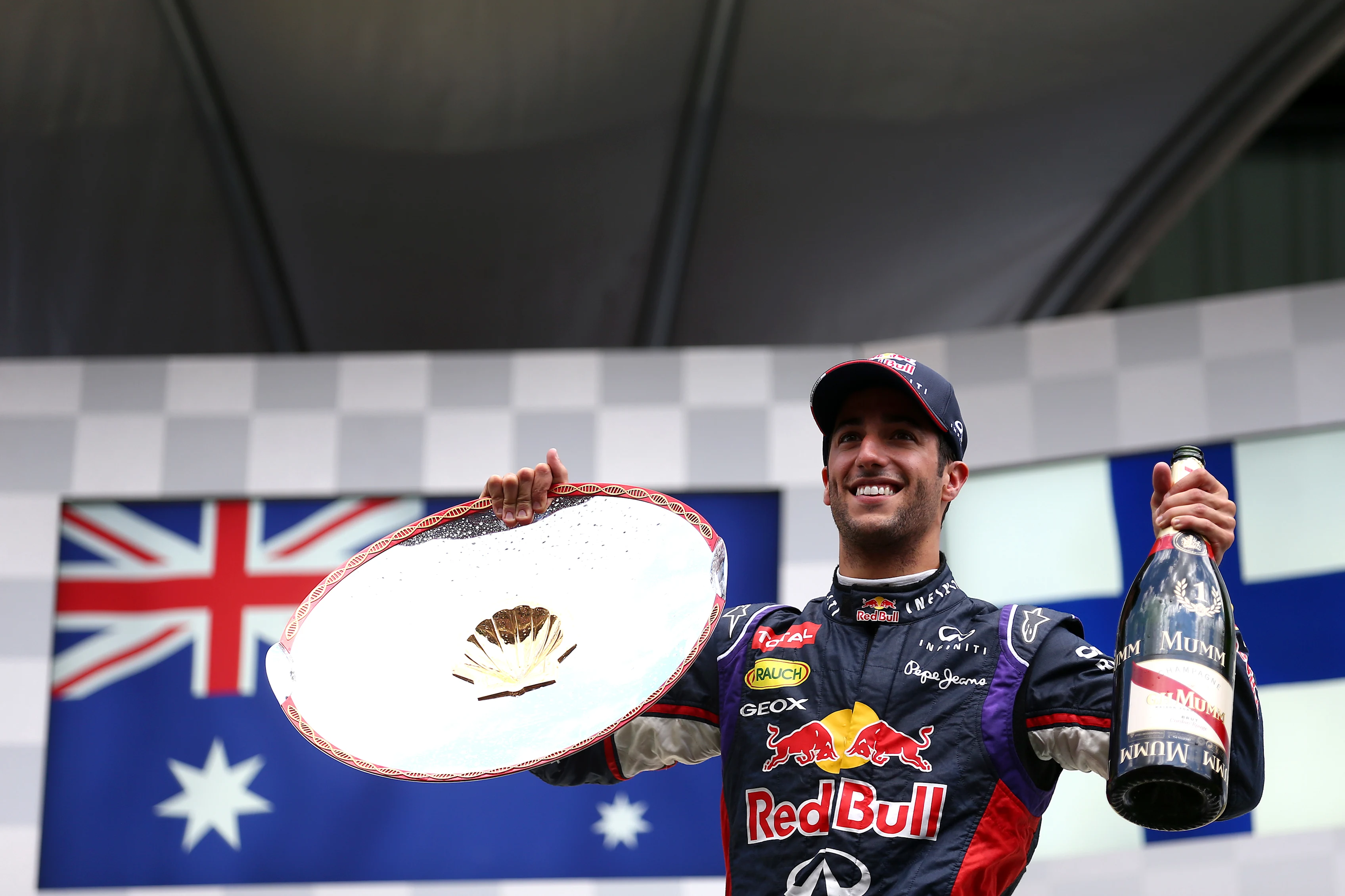 SPA, BELGIUM - AUGUST 24: Daniel Ricciardo of Australia and Infiniti Red Bull Racing celebrates on