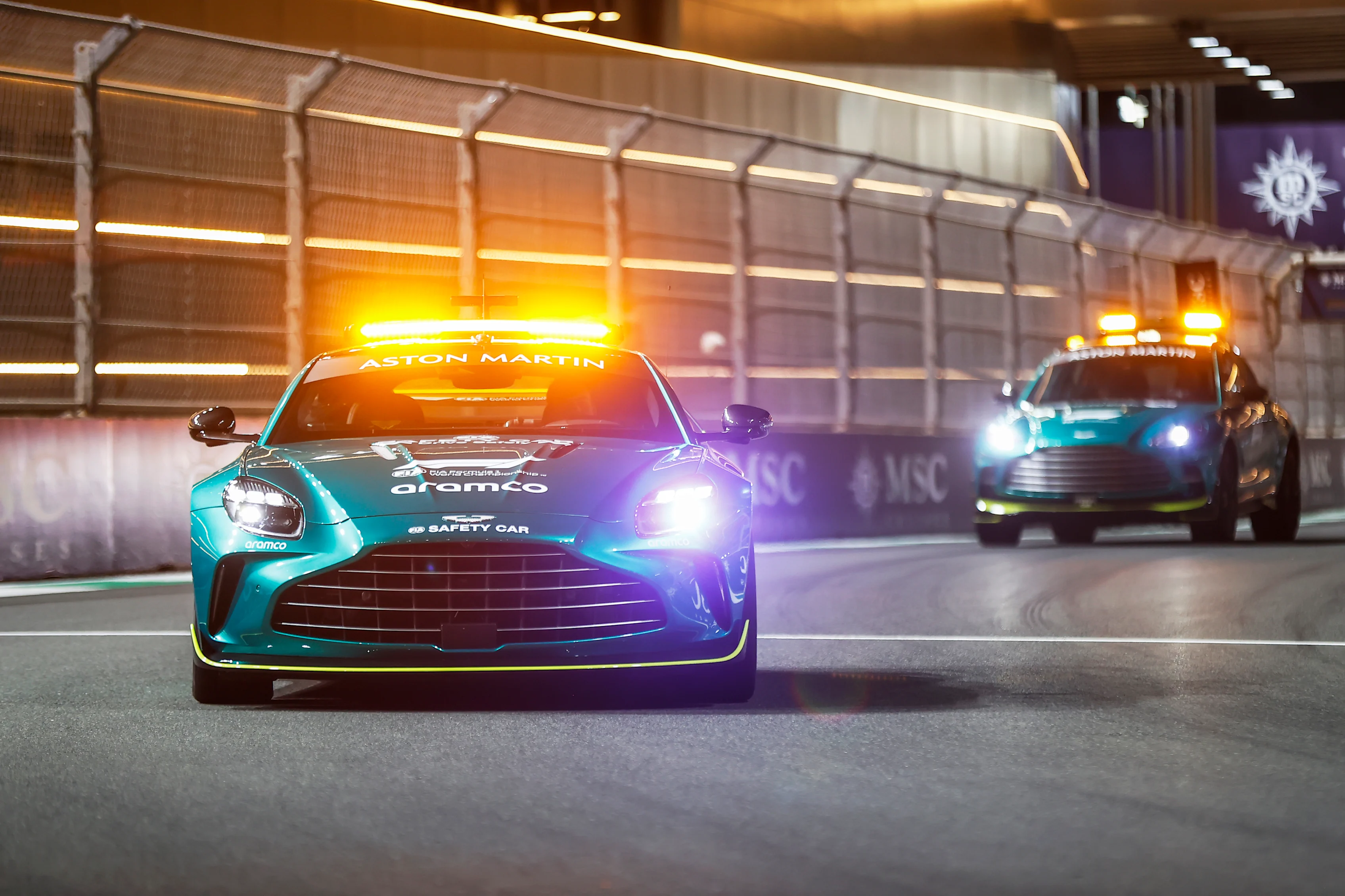 The Aston Martin Vantage Safety Car on track