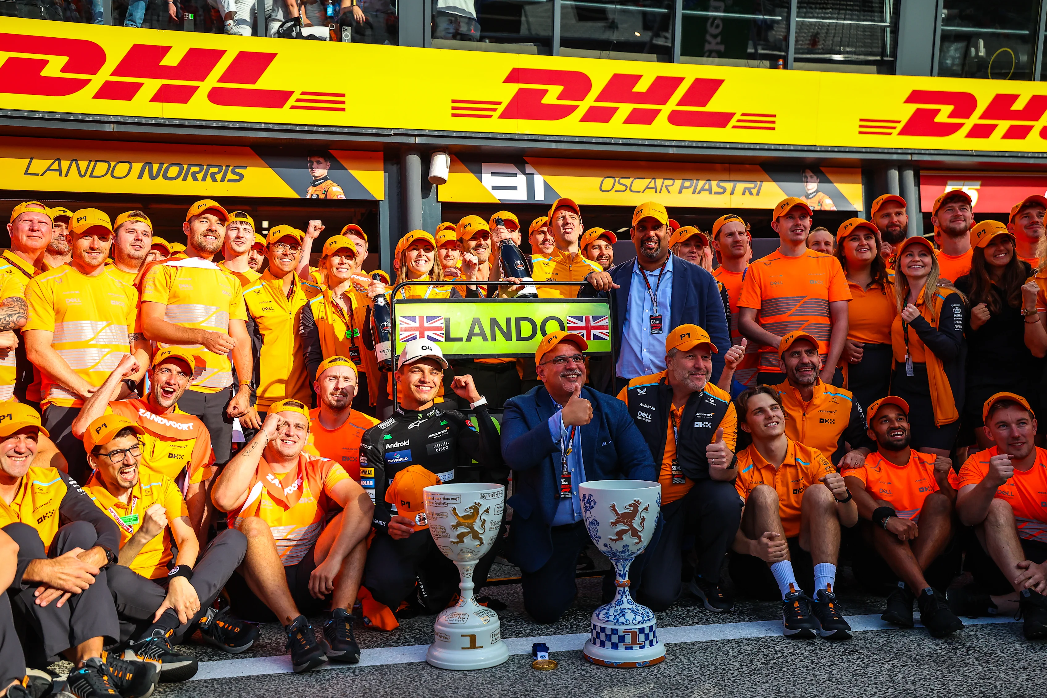 ZANDVOORT, NETHERLANDS - AUGUST 25: McLaren F1 team celebrate the win of Lando Norris of Great