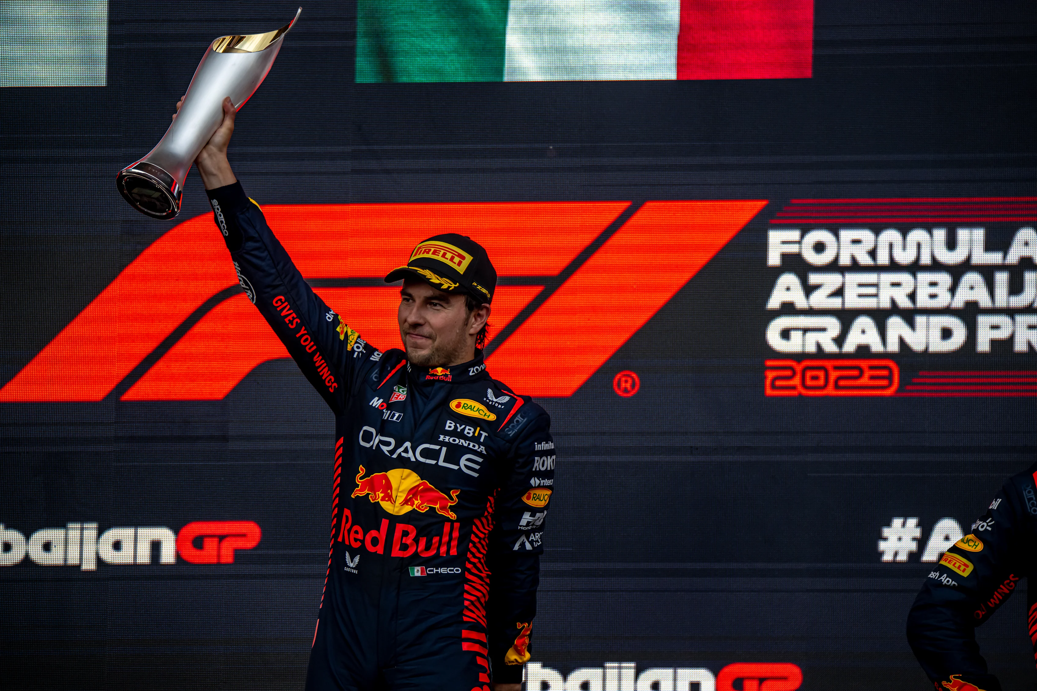 BAKU CITY CIRCUIT, AZERBAIJAN - APRIL 30: Sergio Perez, Red Bull Racing RB19 during the podium