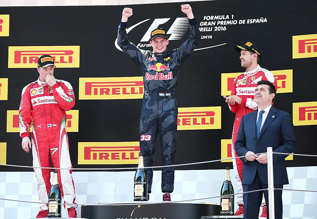 Max Verstappen, Kimi Raikkonen and Sebastian Vettel on the podium of the GP Spain of Formula 1,