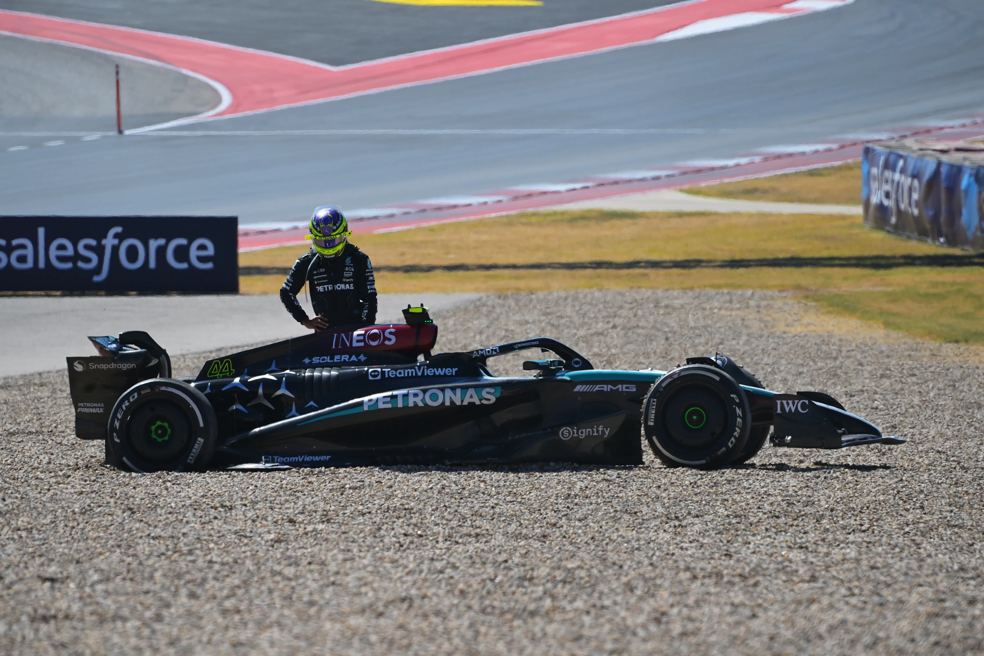 AUSTIN, TEXAS - OCTOBER 20: Lewis Hamilton of Great Britain and Mercedes looks on at his W15 after crashing during the F1 Grand Prix of United States at Circuit of The Americas on October 20, 2024 in Austin, Texas. (Photo by Mark Sutton/Getty Images)
