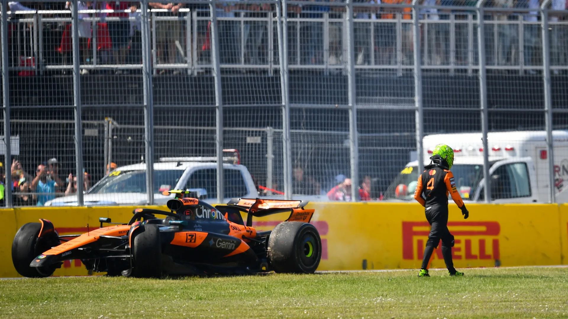 MONTREAL, QUEBEC - JUNE 15: Lando Norris of Great Britain and McLaren looks down after crashing out