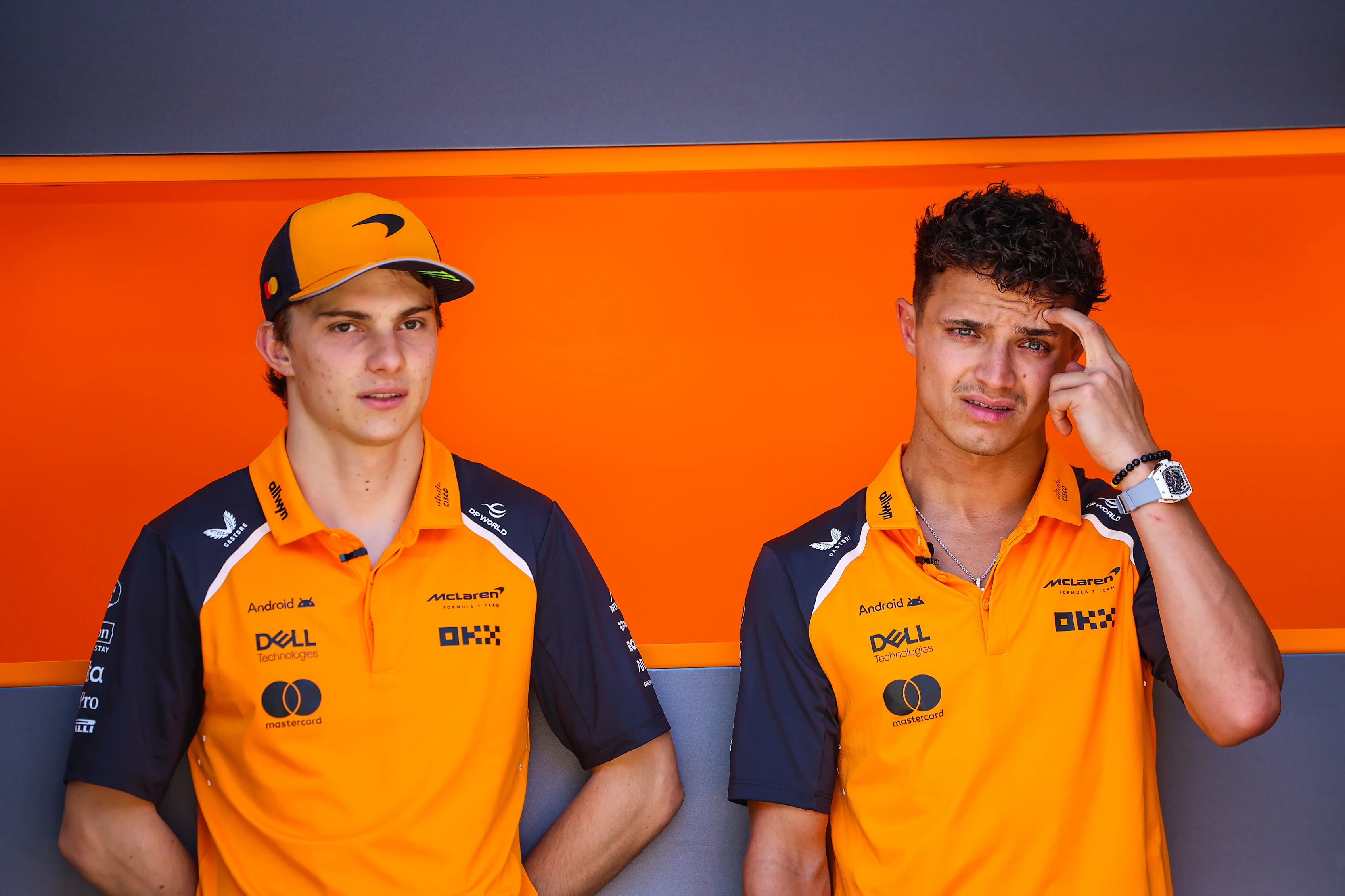 BARCELONA, SPAIN - MAY 29: Lando Norris of Great Britain and McLaren and Oscar Piastri of Australia